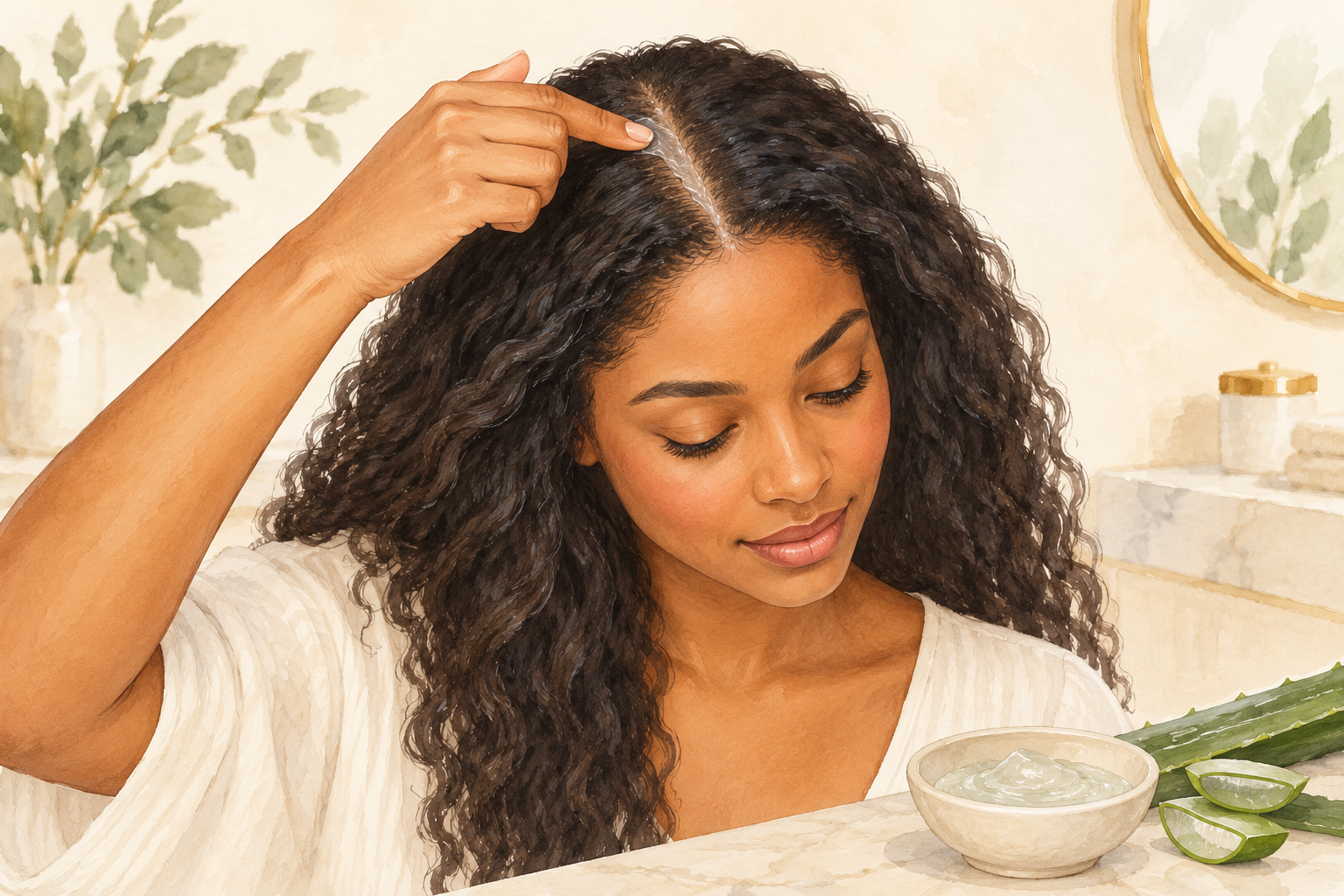 A fingertip smooths a thin layer of clear gel along a damp scalp part.