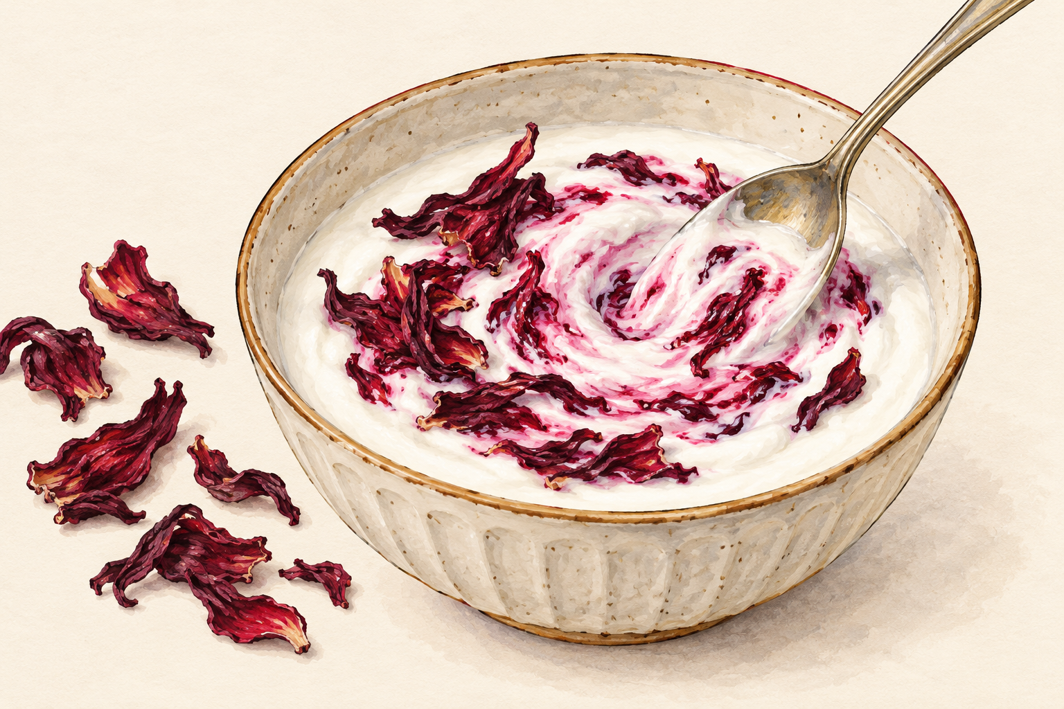 Dried flower petals are stirred into a bowl of plain yogurt.