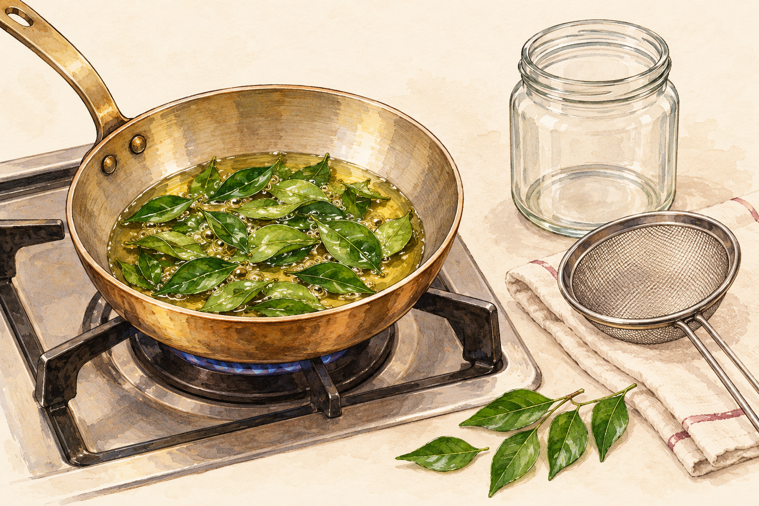 Green leaves sit in oil in a pan over a small blue flame, with bubbles around the leaves and a jar and strainer nearby.