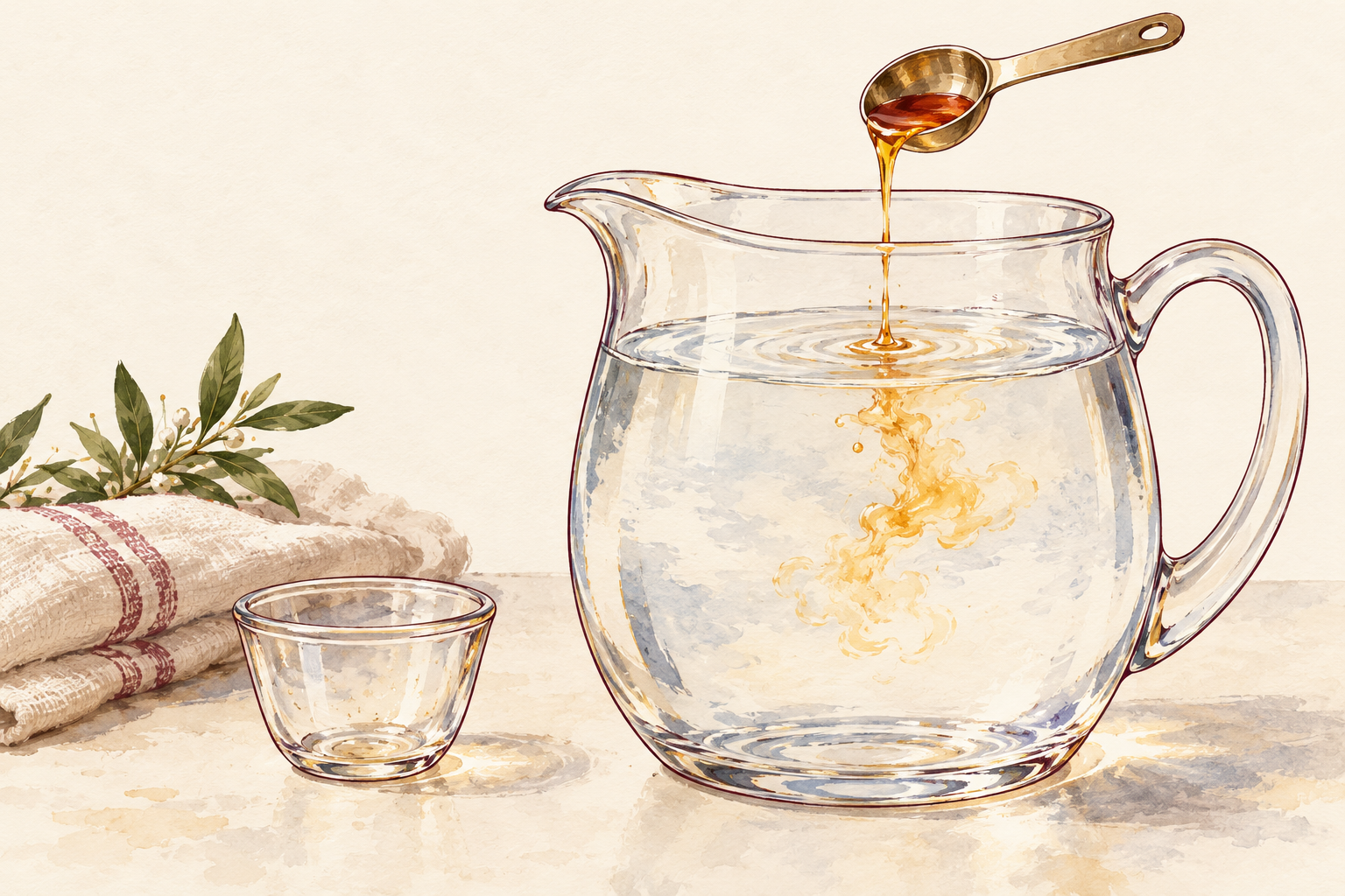 A small measure of amber liquid is poured into a much larger clear jug of water.