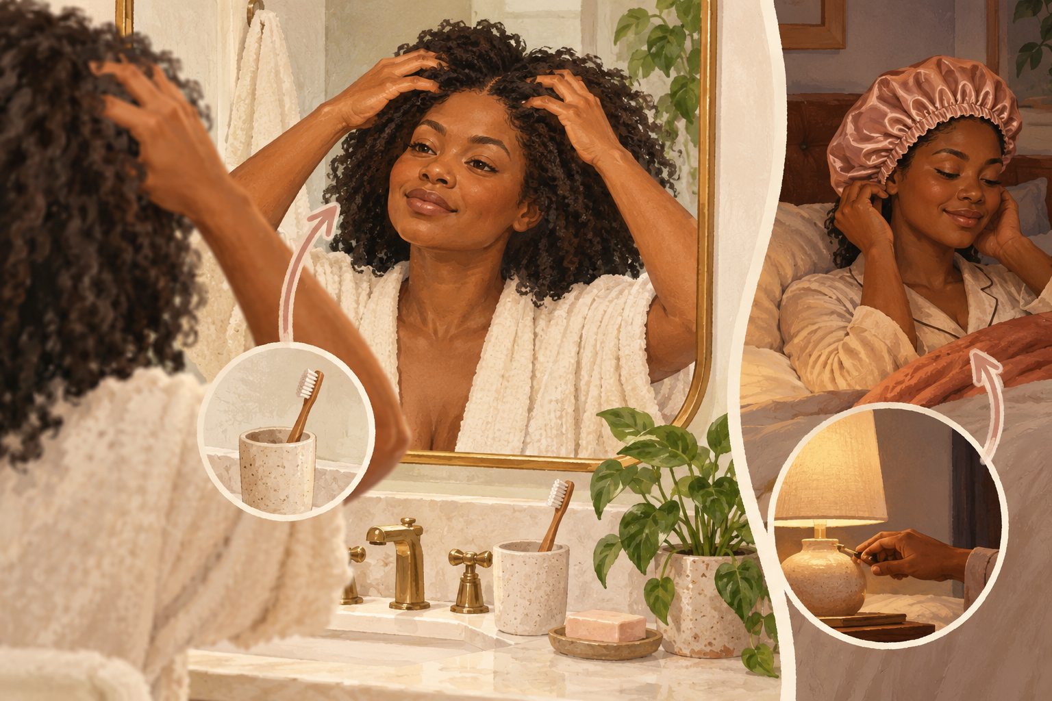 A woman gently massages her scalp while a toothbrush sits by the mirror; a satin bonnet rests beside a bedside lamp.