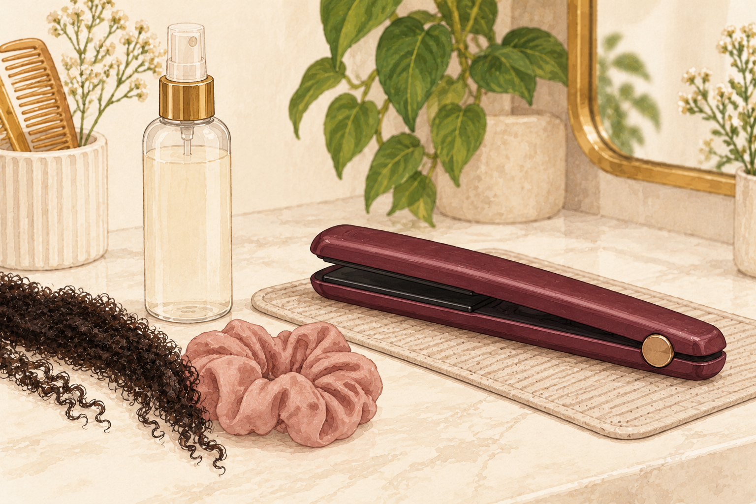 A flat iron rests on a heat mat beside an unlabelled spray bottle and soft fabric scrunchie.