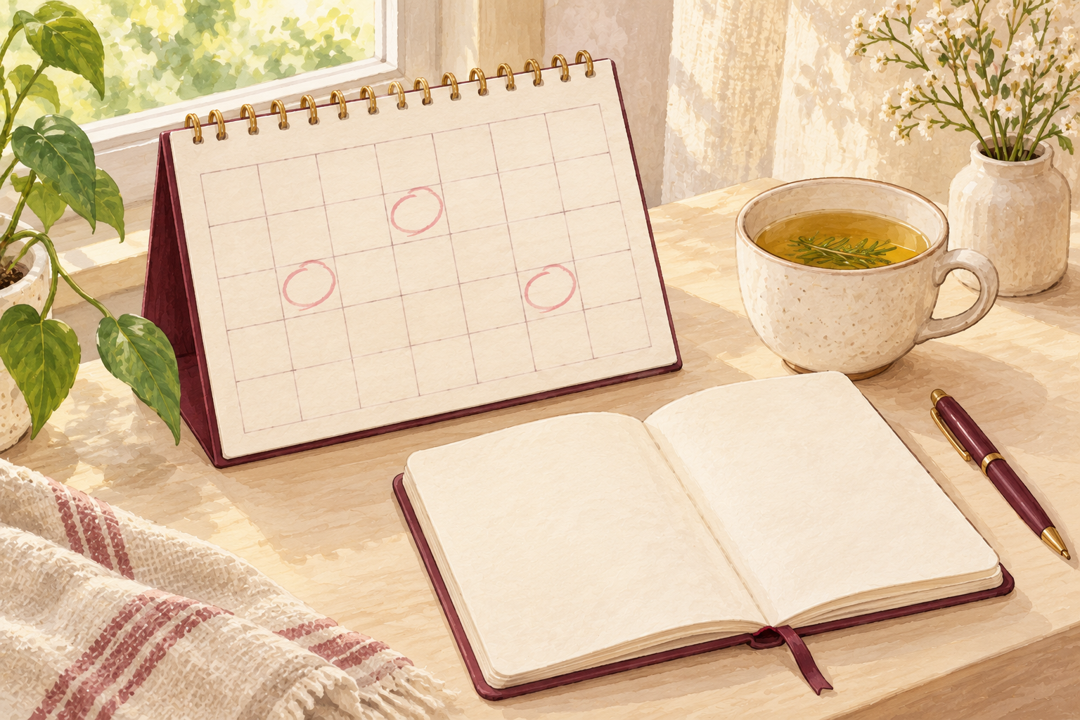 A mostly blank paper calendar with a few earlier days softly circled beside tea and a small notebook.