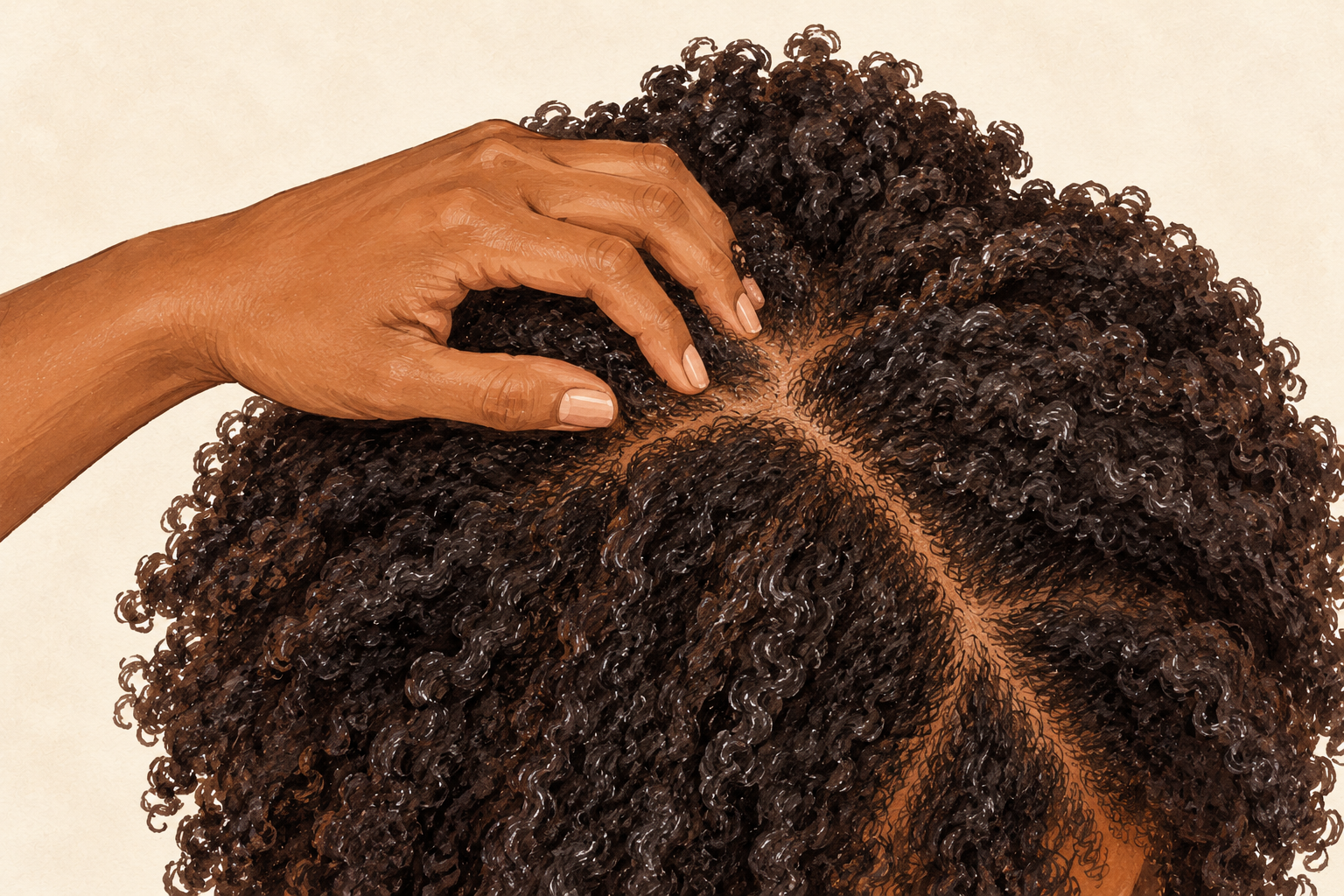 Fingertips move in gentle circles on a parted scalp beneath natural curls.