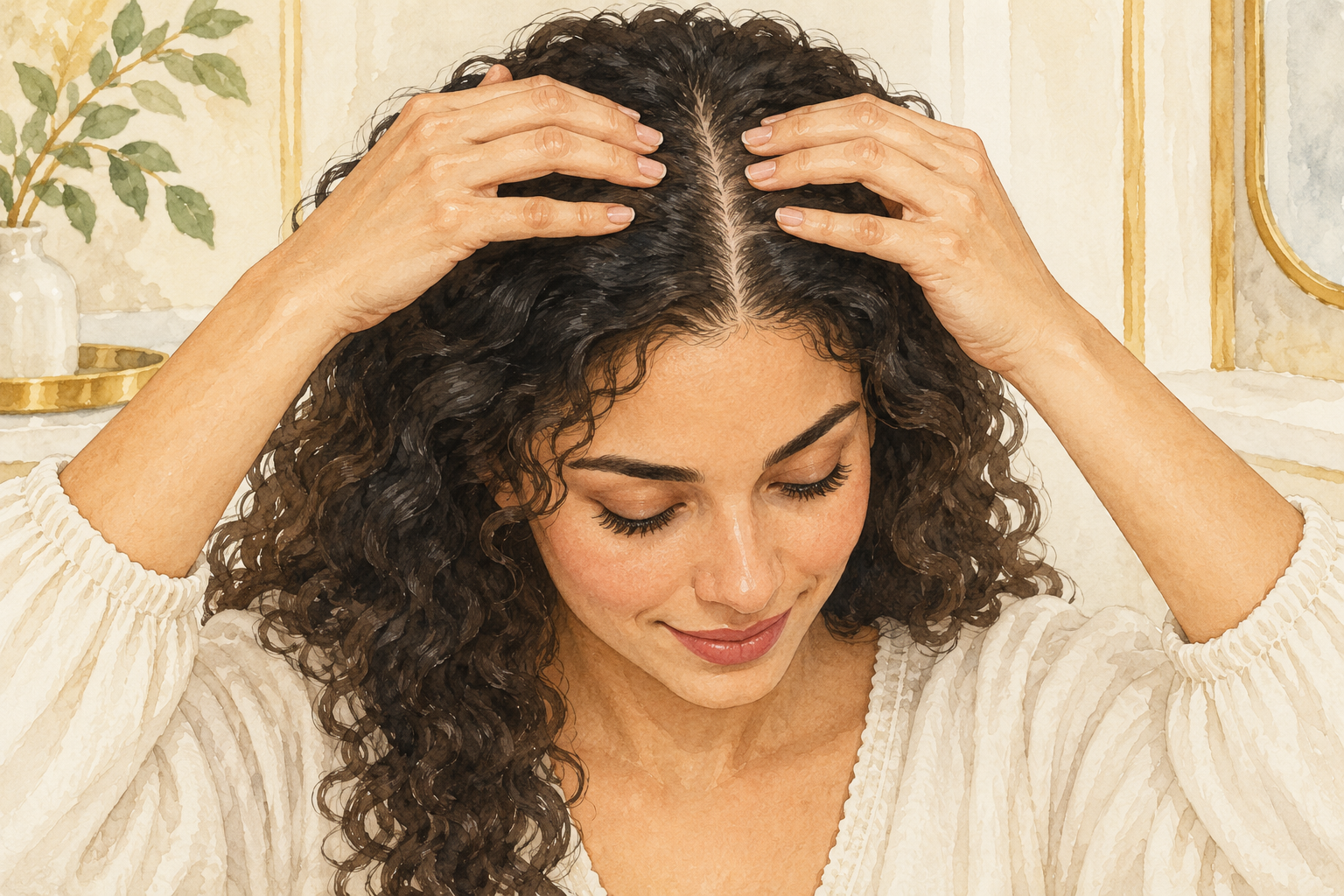 Spread fingertips gently lift the scalp skin without pulling on the hair.