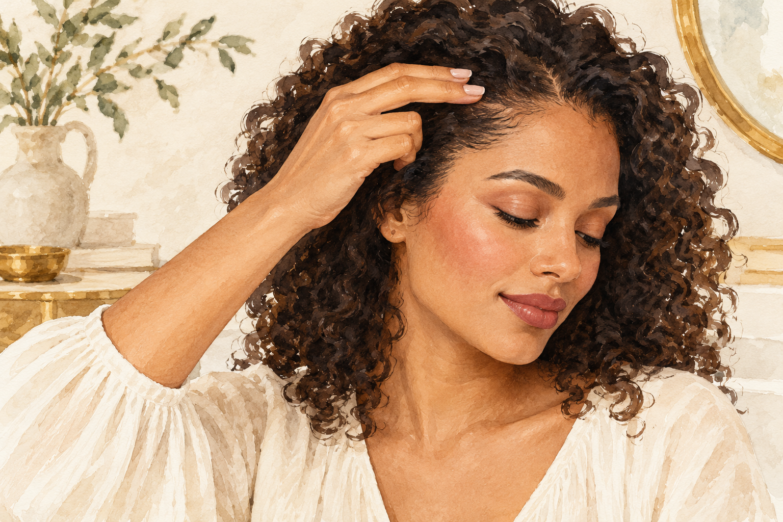 Two fingertip pads touch the hairline lightly beneath natural curls.