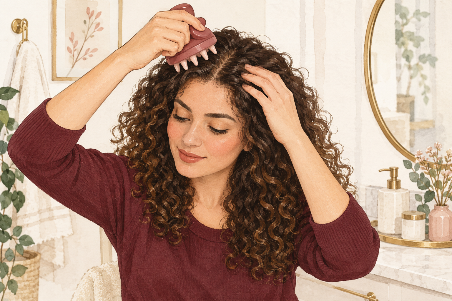 A hand gently uses a rounded-tip scalp massager on a parted scalp.
