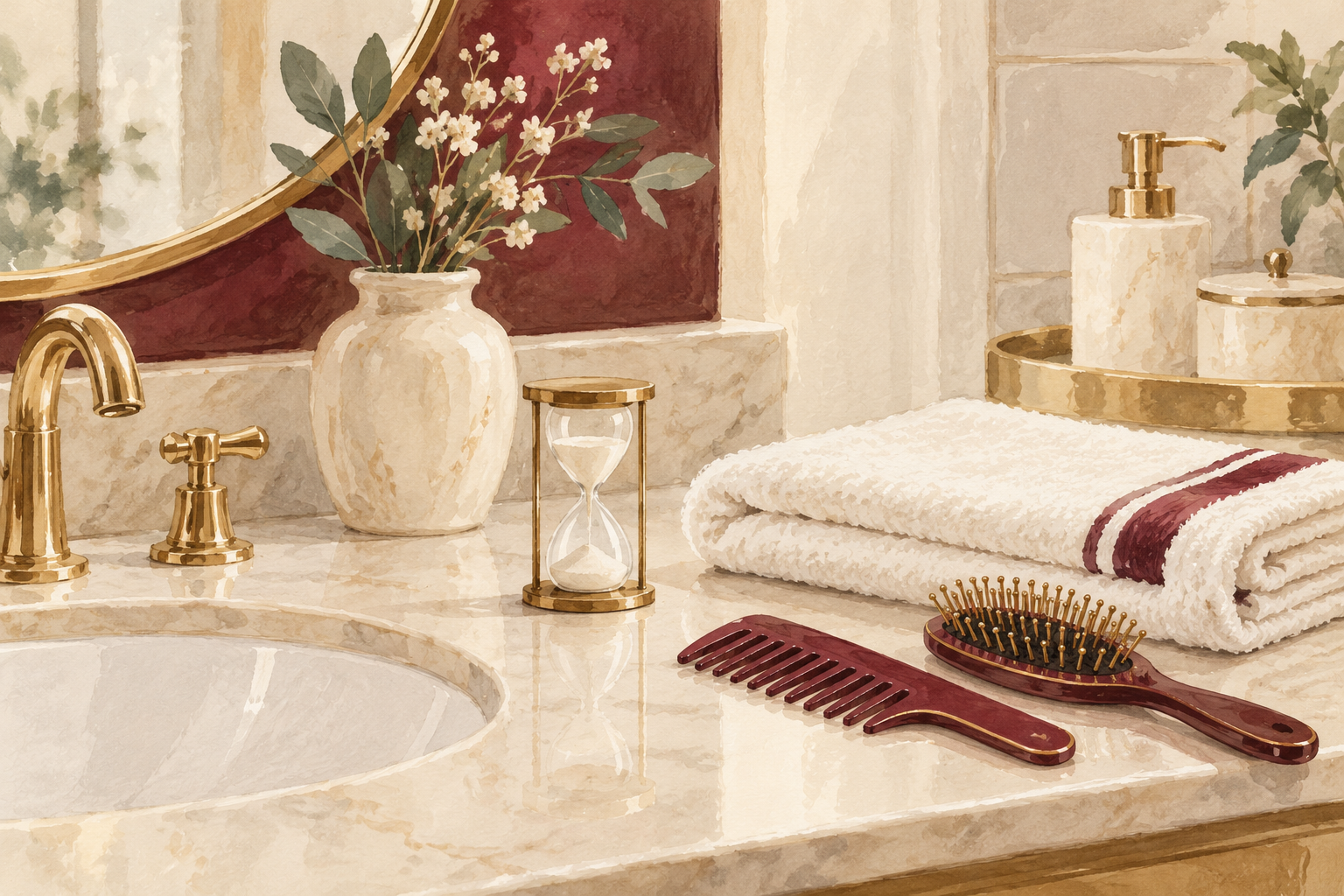 A small numberless timer rests beside a folded towel, comb, and hairbrush.
