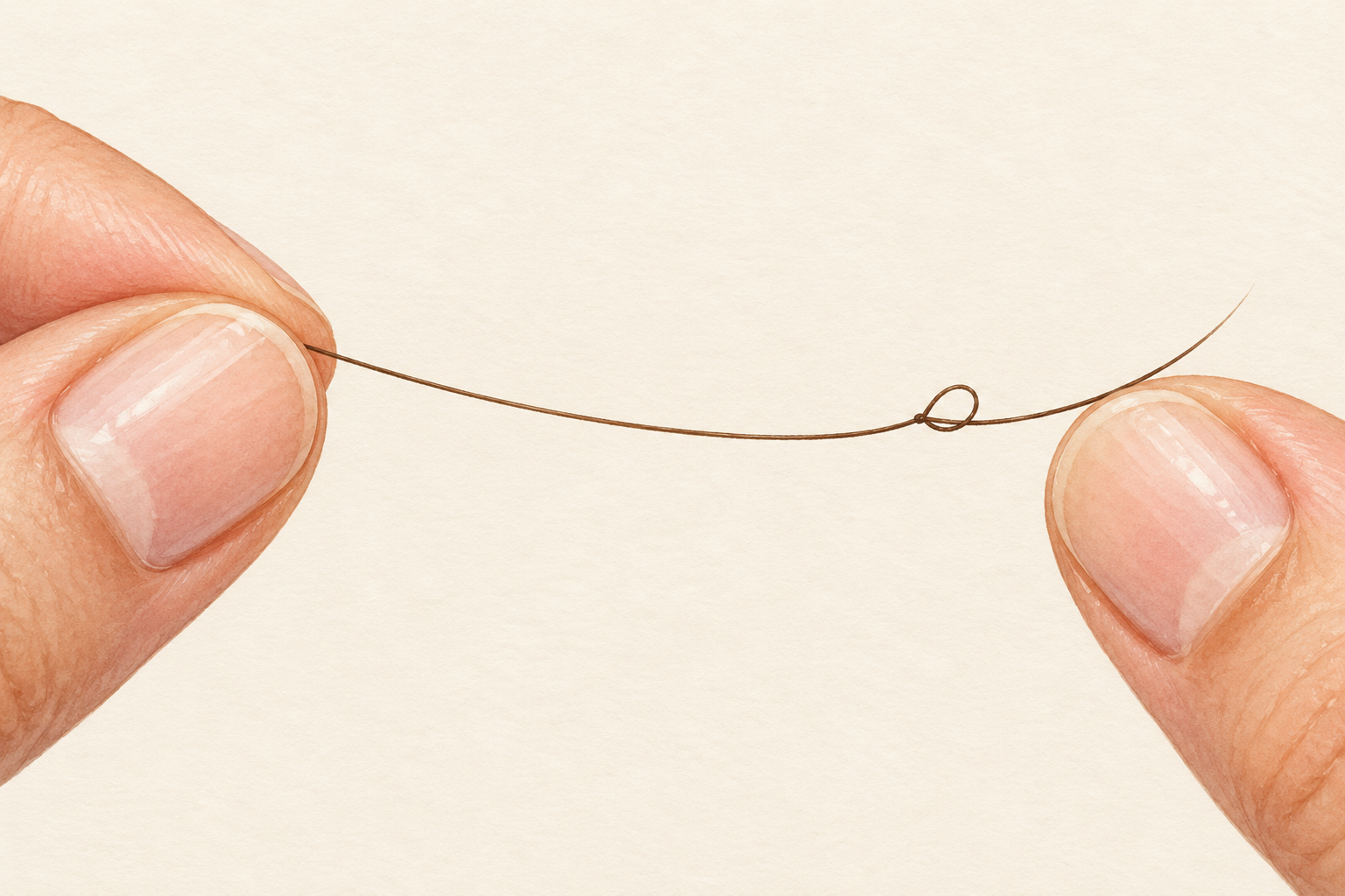 One fine hair shaft with a tiny knot near its tip is held gently between fingertips.
