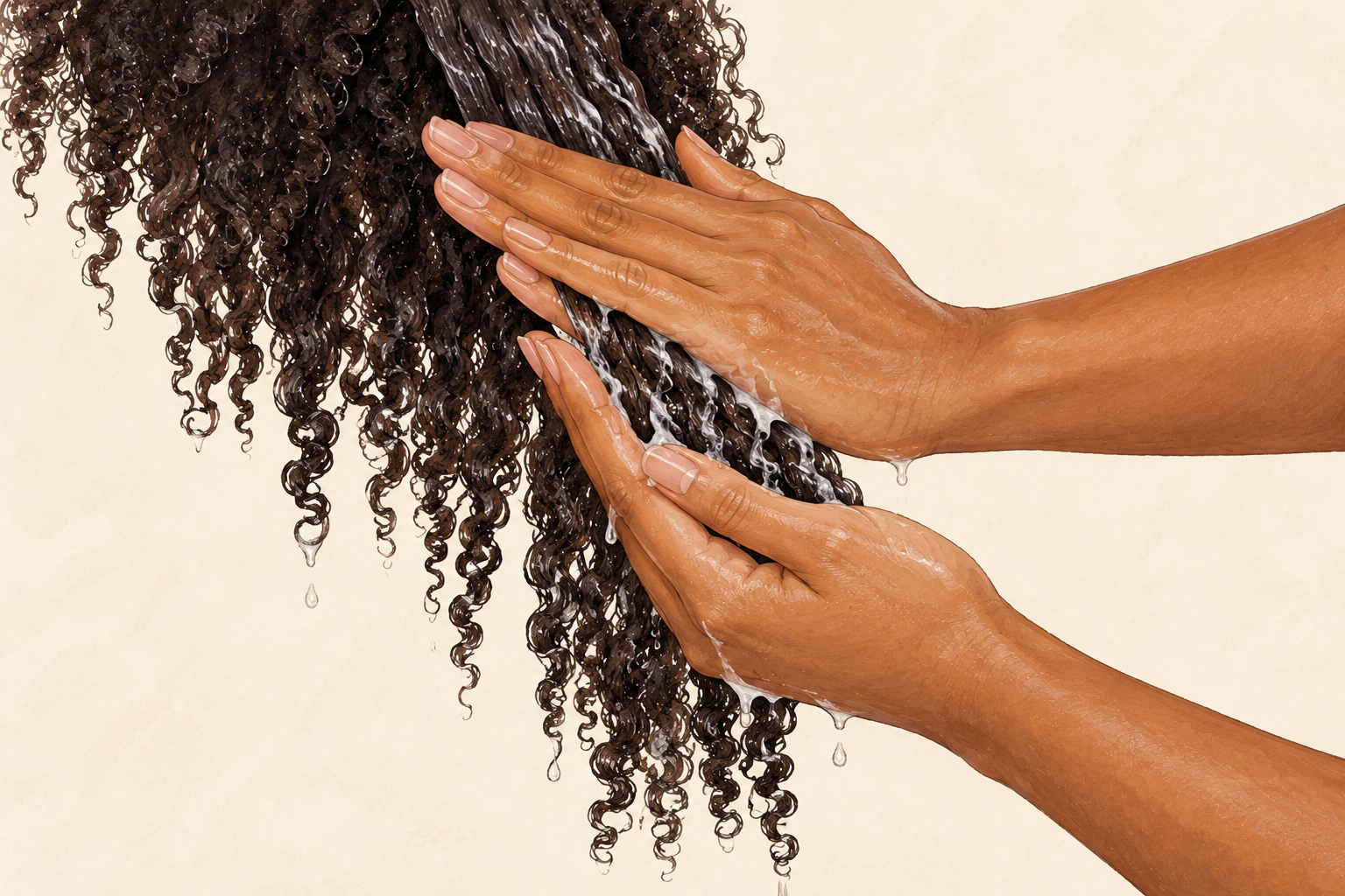 Two hands smooth curl cream over a dripping wet section of defined curls.
