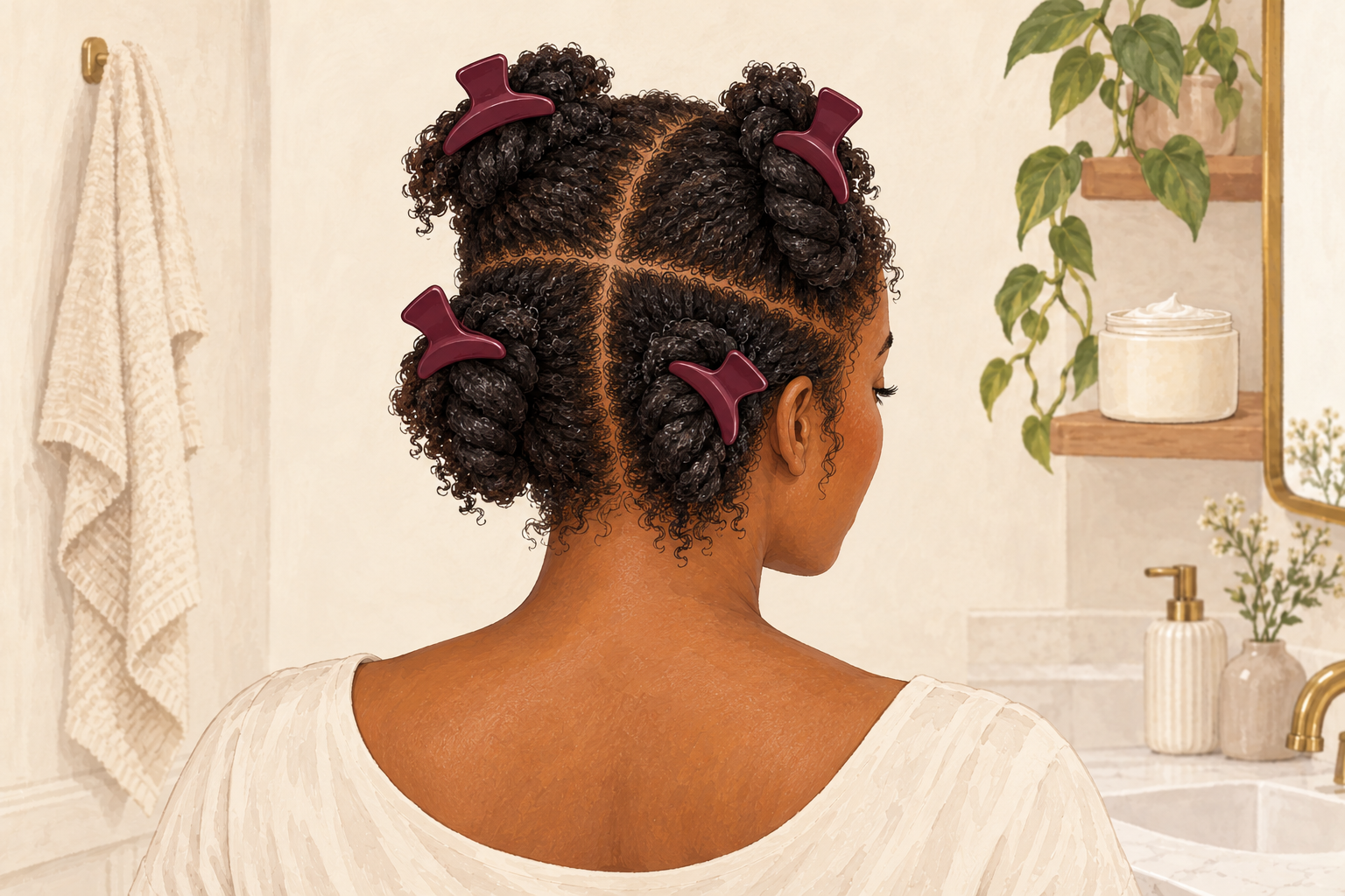 Four chunky twists of natural coily hair, each secured with a clip, viewed from the back.