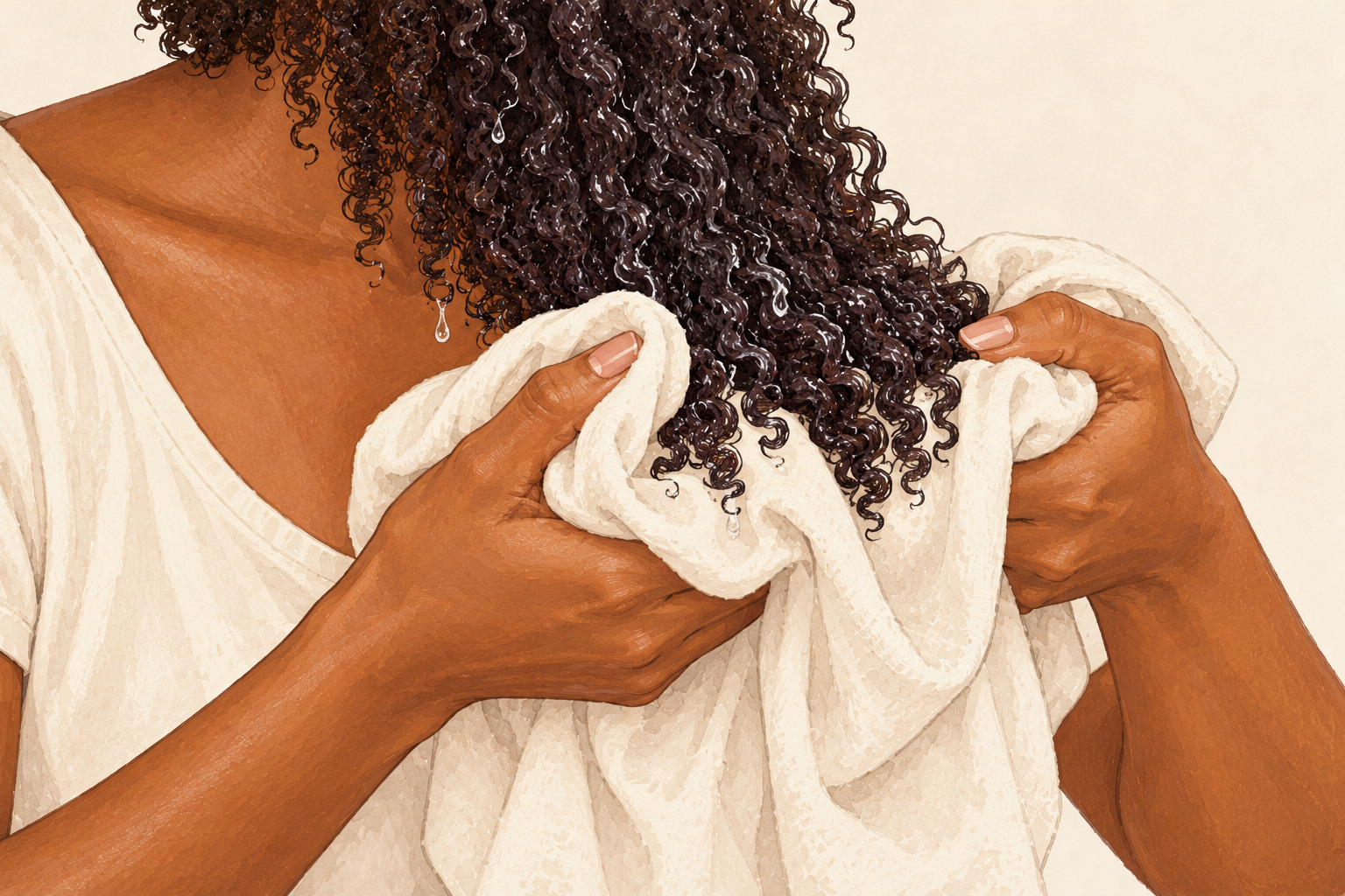 Hands gently squeeze wet curls upward with a soft cotton t-shirt.