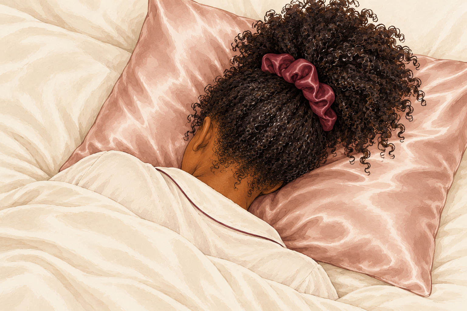 A woman sleeps with her curls in a loose high pineapple secured by a soft scrunchie on a satin pillowcase.