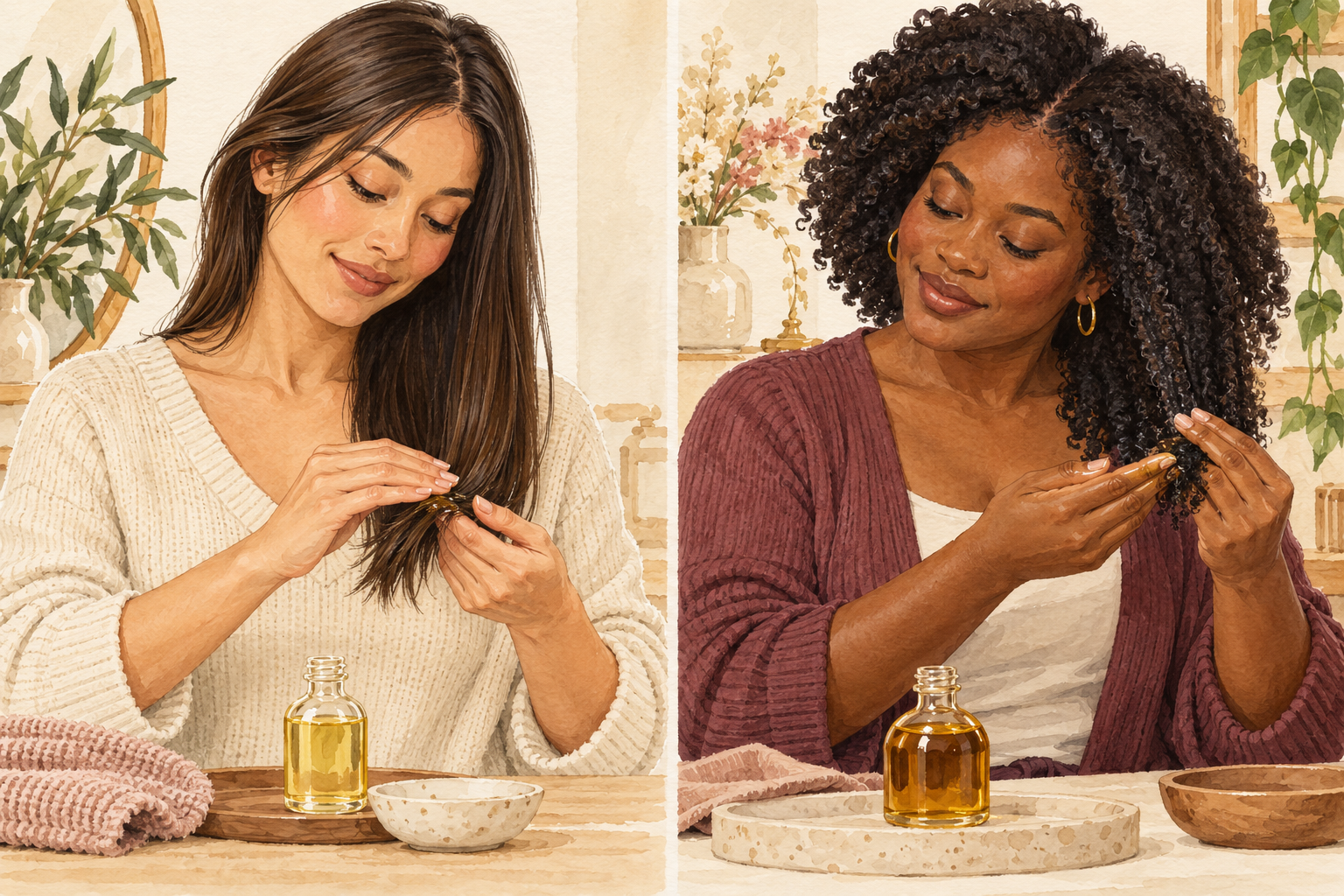 A woman with fine straight hair and a woman with coily hair each smooth a small amount of oil onto their ends.