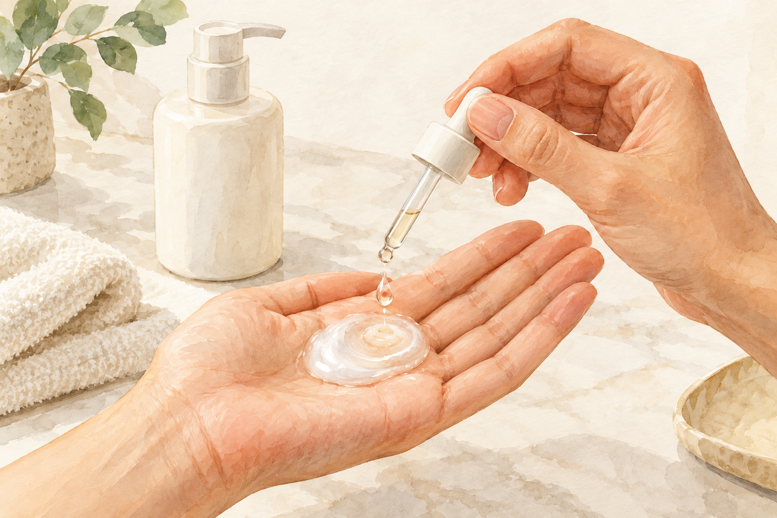 Two small clear drops fall from a dropper into a dab of shampoo held in an open palm.