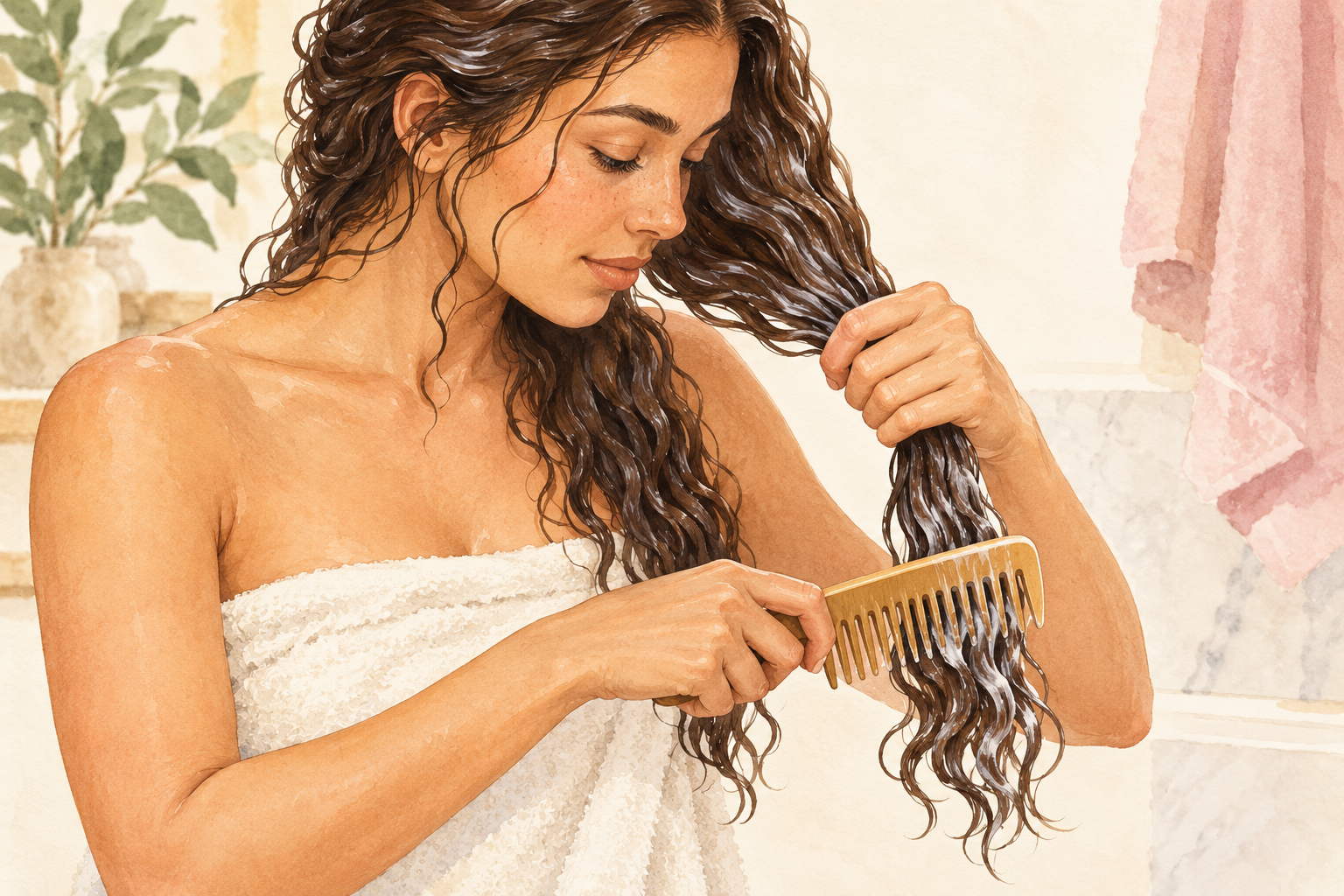 A wide-tooth comb passes through the lower ends of a conditioned wavy section while the other hand supports the hair above the comb.