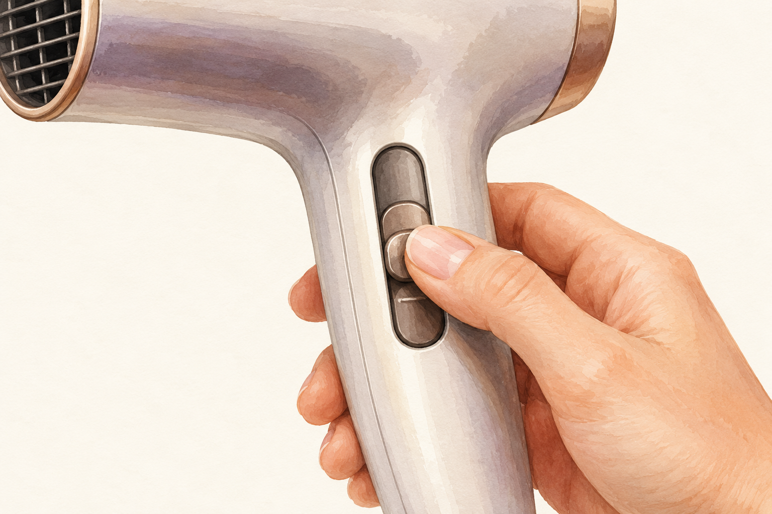 A connected hand selects the middle position on a simple hair dryer control.
