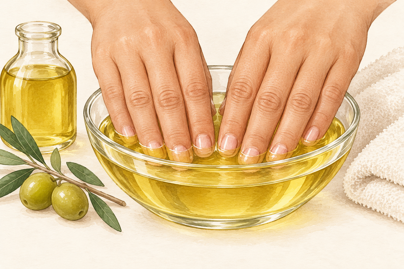 Fingertips rest in a shallow bowl of warm olive oil beside a soft towel for a gentle weekly nail-care soak.
