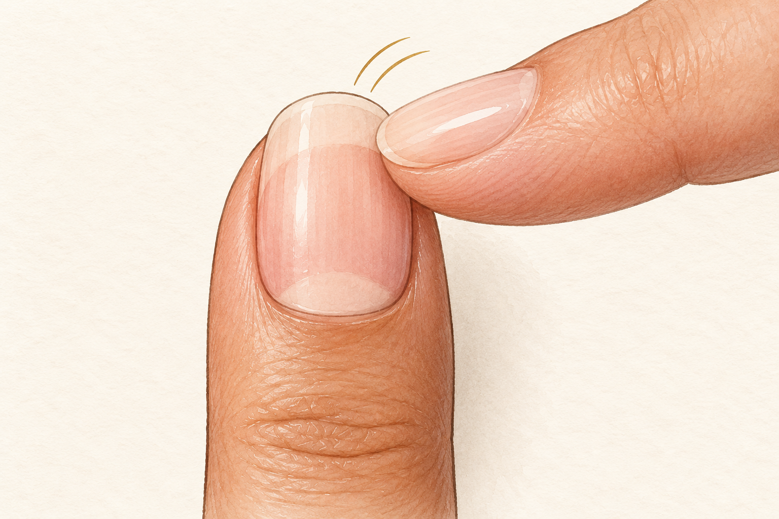 A fingertip glides over a smooth bare nail surface in soft side light.