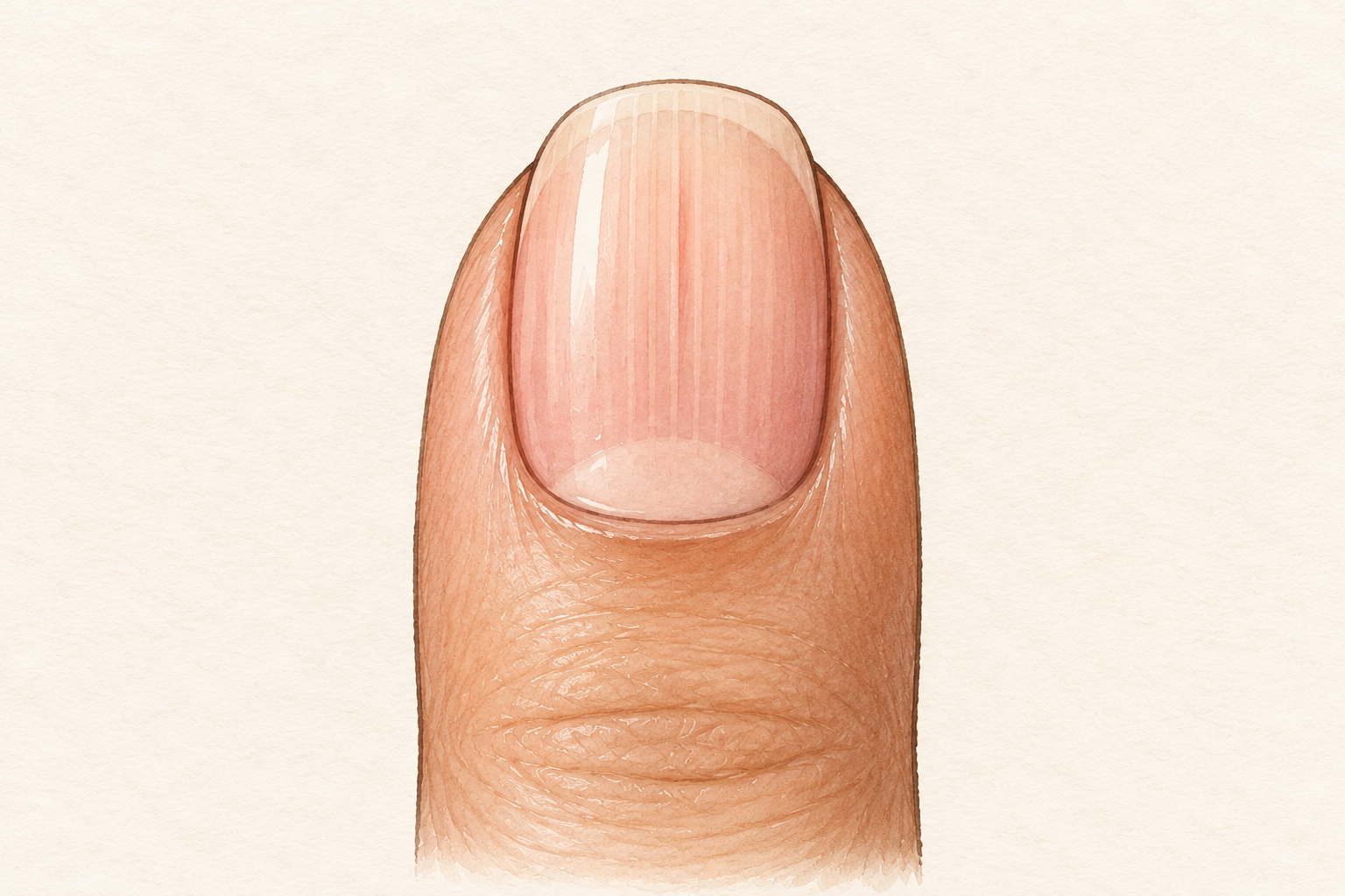 A bare natural nail shows a few fine vertical lines running toward the tip.