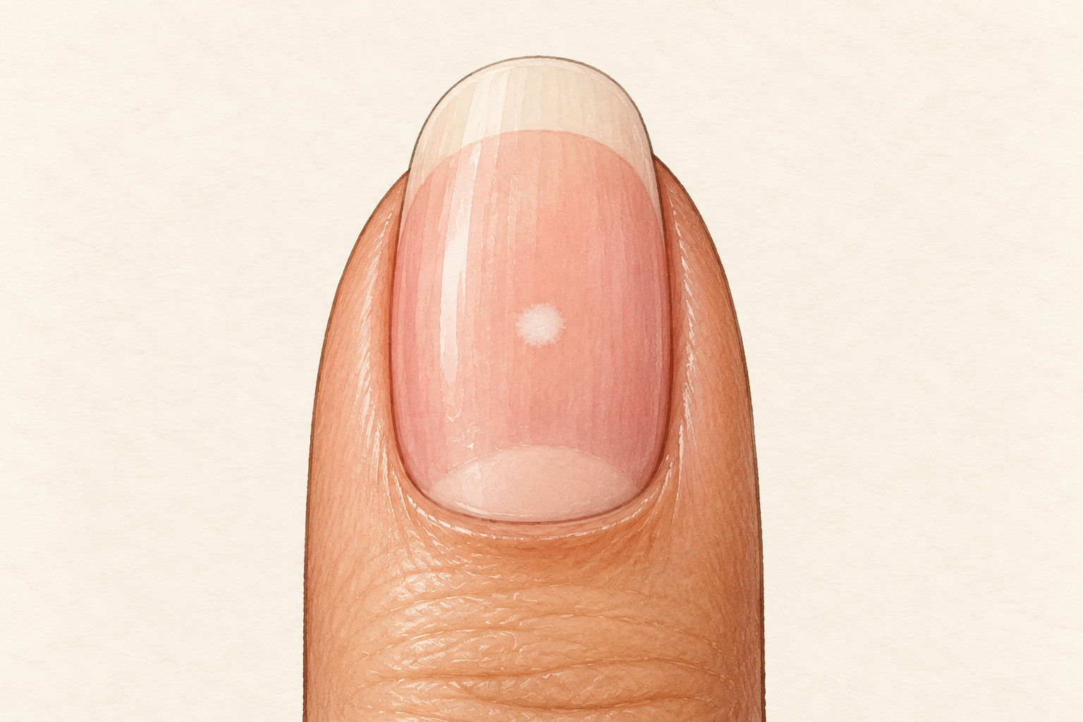 A single small white dot appears on the middle of a bare natural nail.