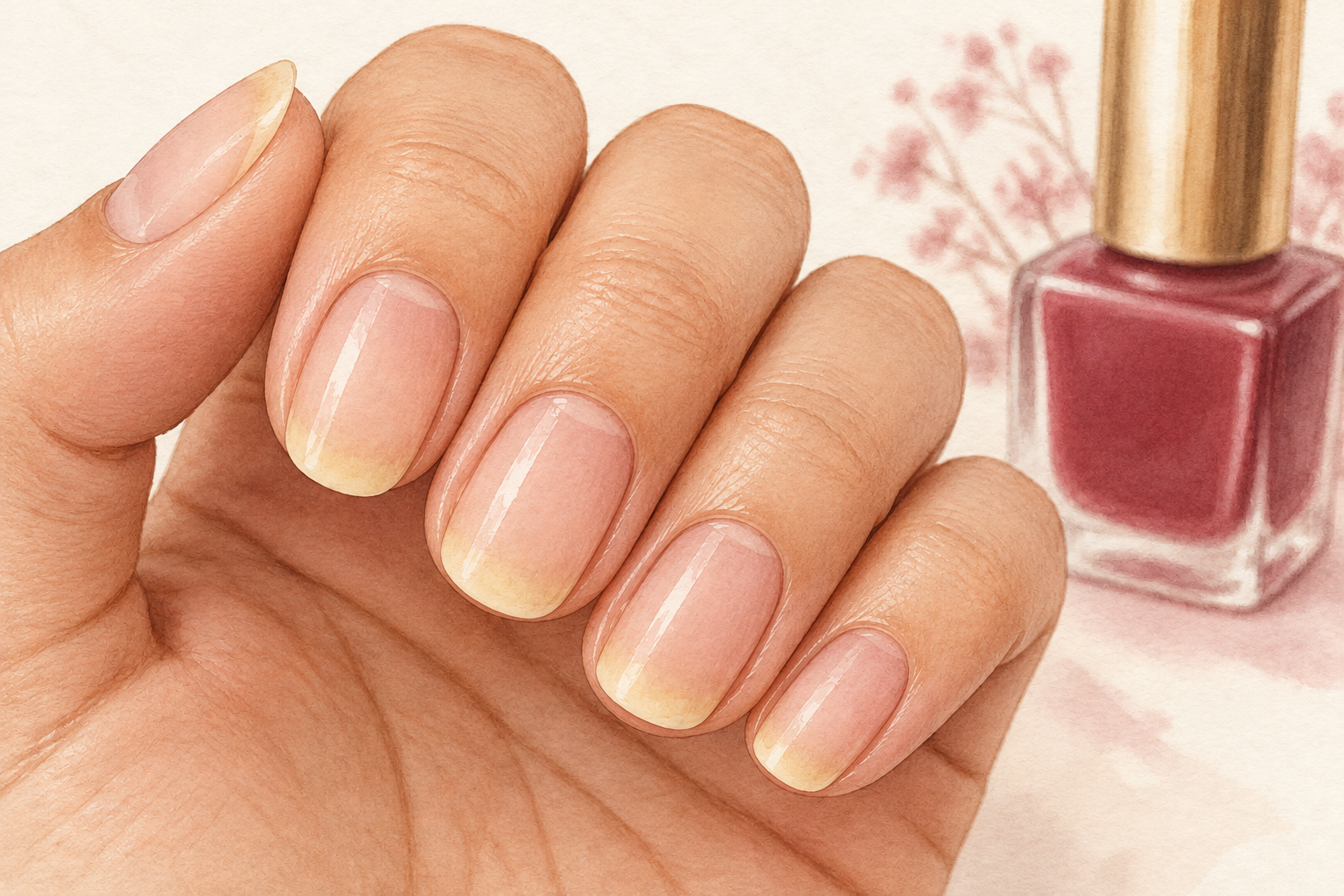 A faint pale yellow tint appears only at the tips of bare nails beside a muted red polish bottle.