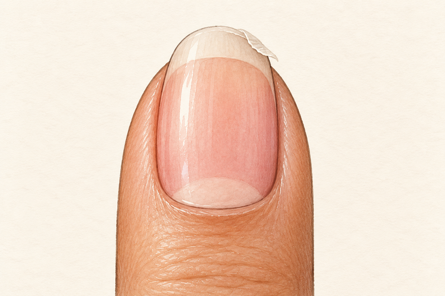 A paper-thin layer lifts slightly at the distal free edge of a natural nail.