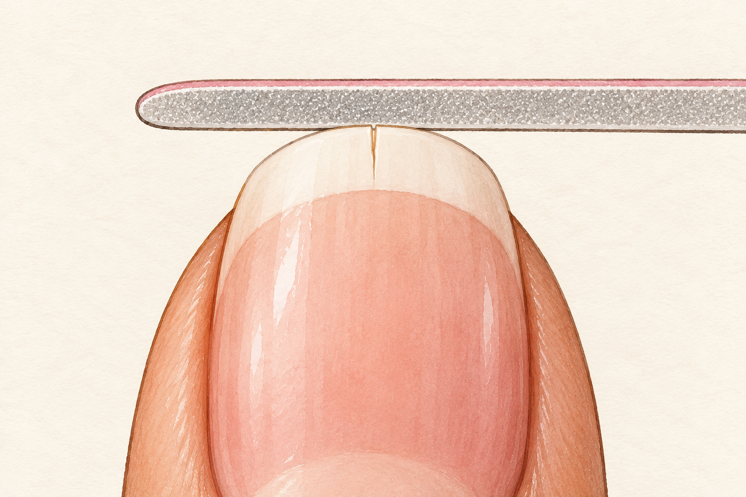 A tiny split at the white free edge is smoothed by a horizontal fine file touching only the tip.