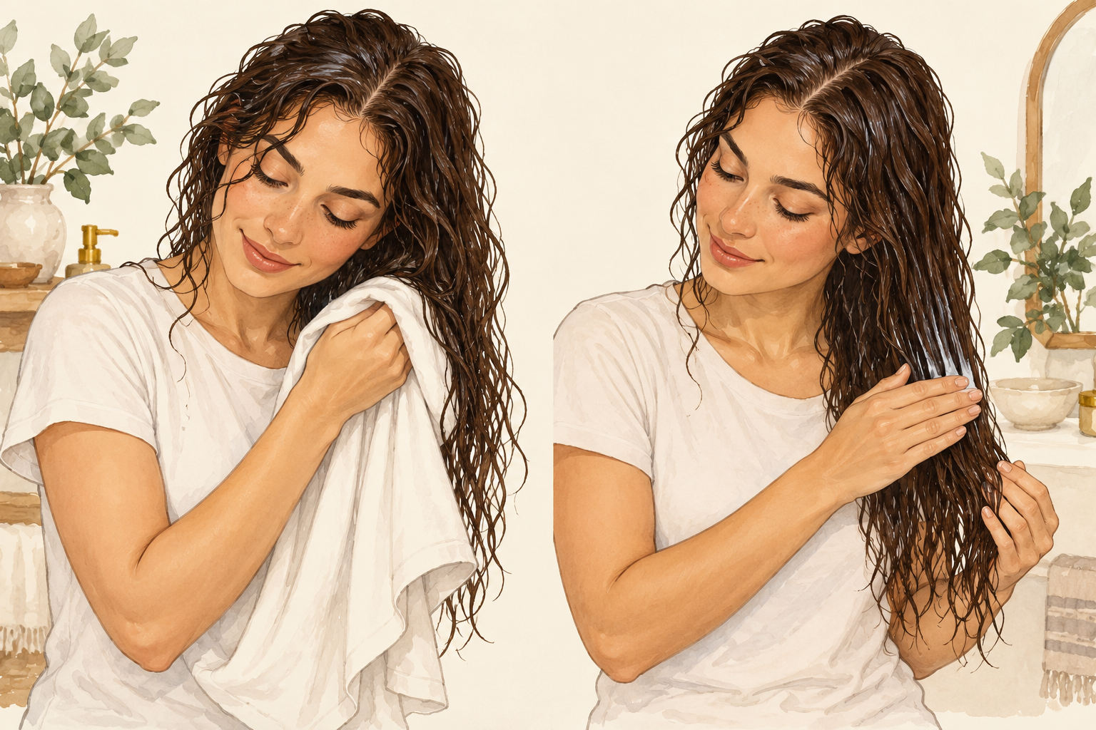 Two panels show a woman blotting damp hair with cotton fabric and then smoothing the lengths between her hands.