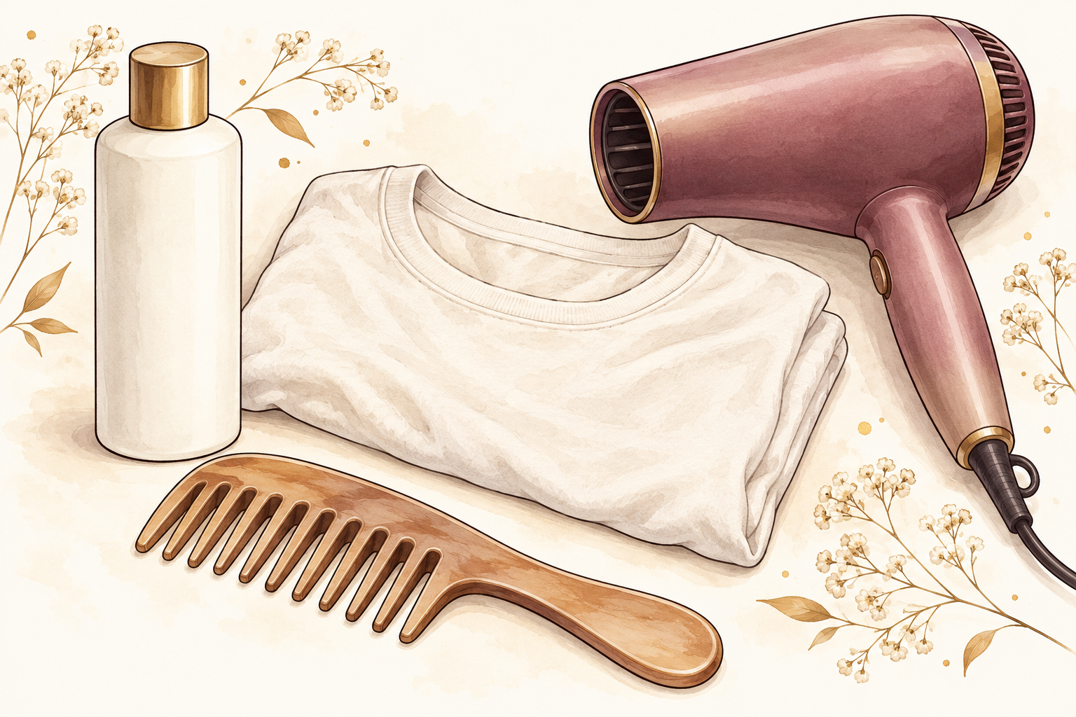 An unlabelled bottle, soft cotton T-shirt, smooth wide-tooth comb and switched-off dryer sit together.
