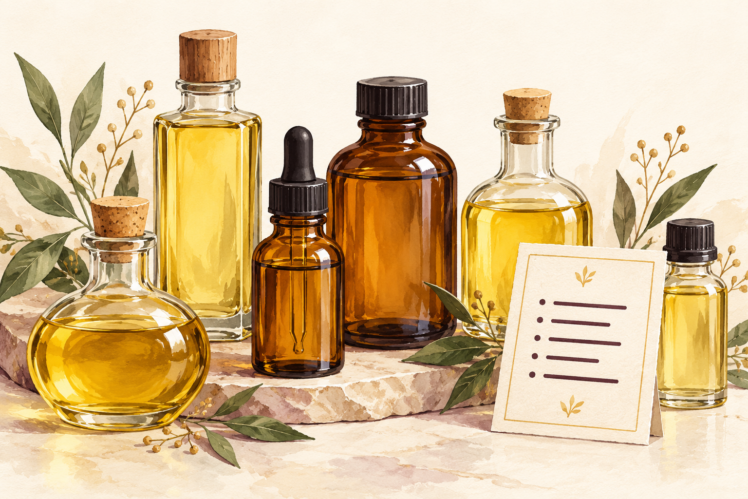 Several unlabelled clear and amber bottles stand beside a card with abstract bullet points and lines.