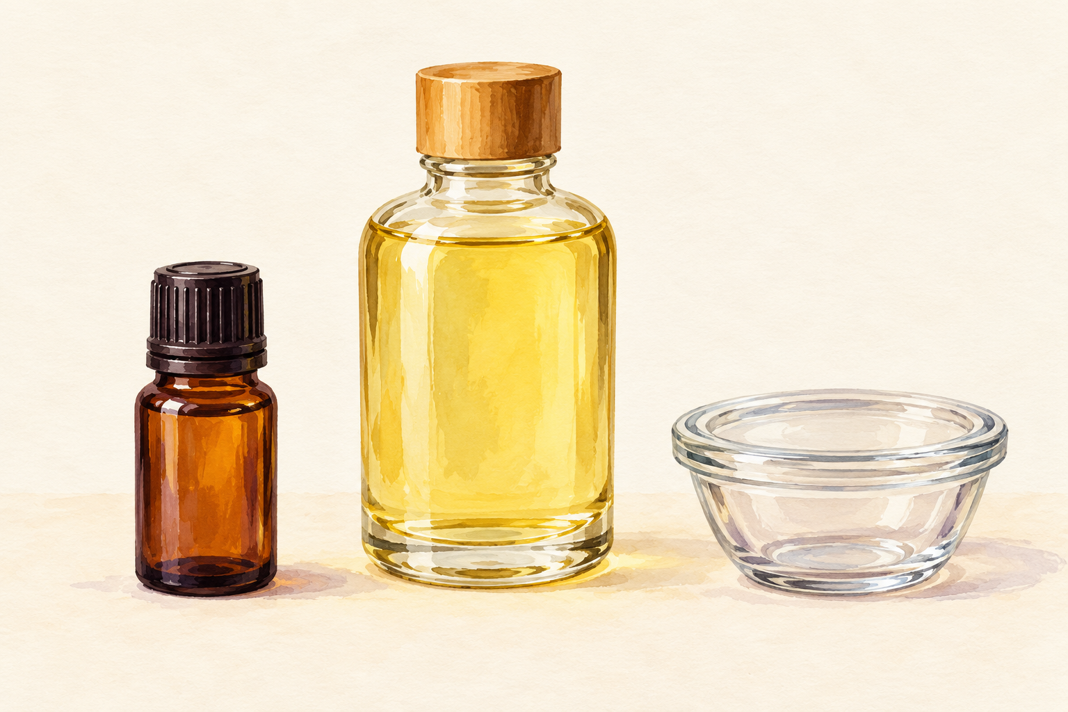 A small amber vial and a larger clear bottle of pale oil sit separately beside an empty glass dish.