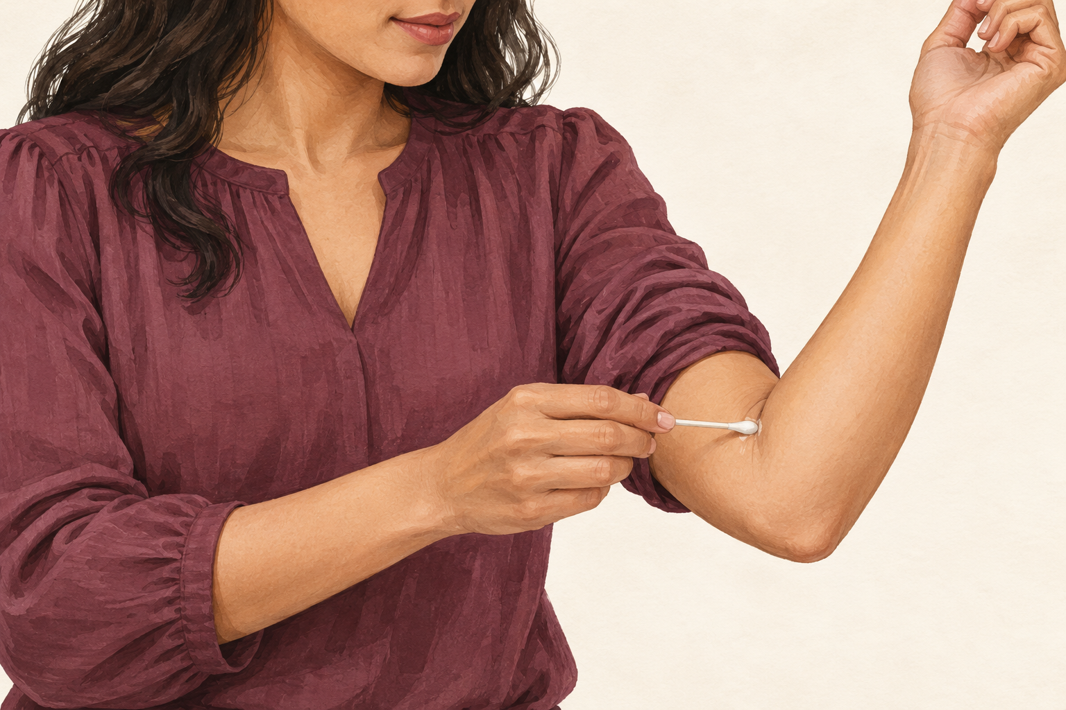 A cotton swab places a small drop on the inside crease of a bent elbow.