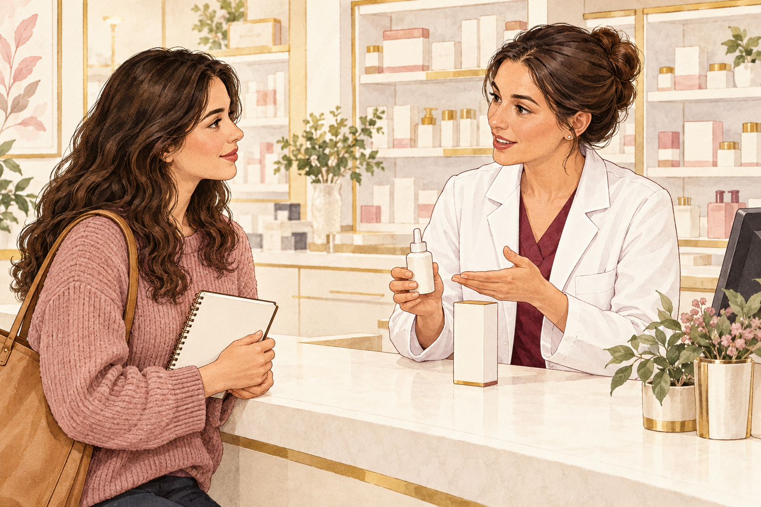 A pharmacist explains an unbranded topical bottle to a customer holding a blank notebook across a counter.