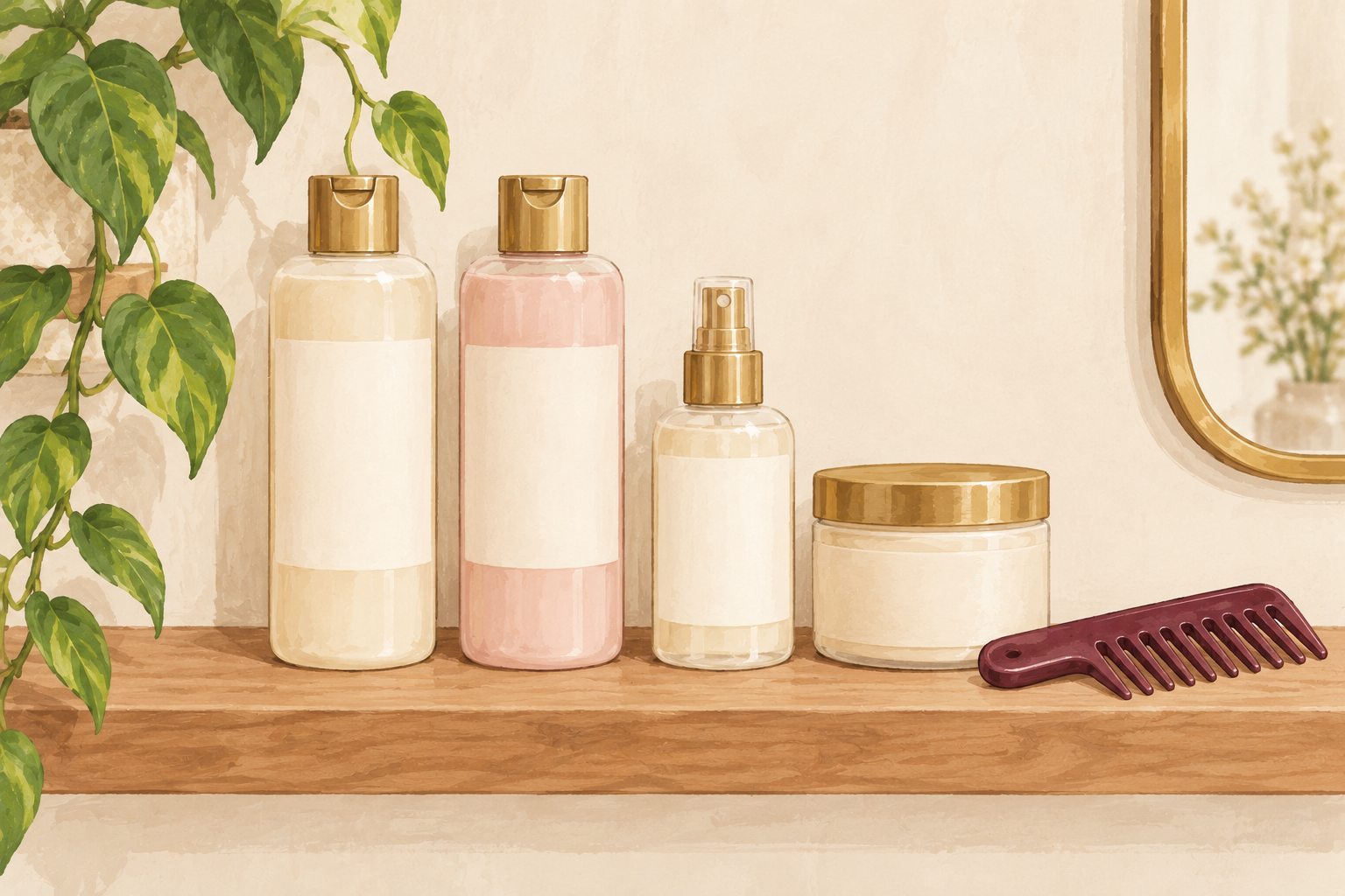 Four unbranded hair-care products and a comb arranged neatly on a bathroom shelf.