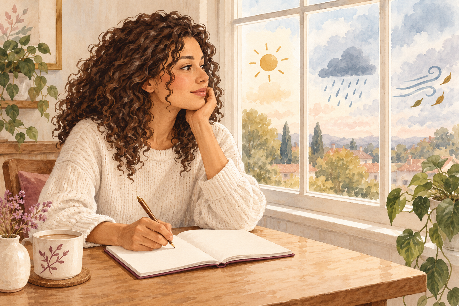 A blank weather diary and pencil sit beside a window.