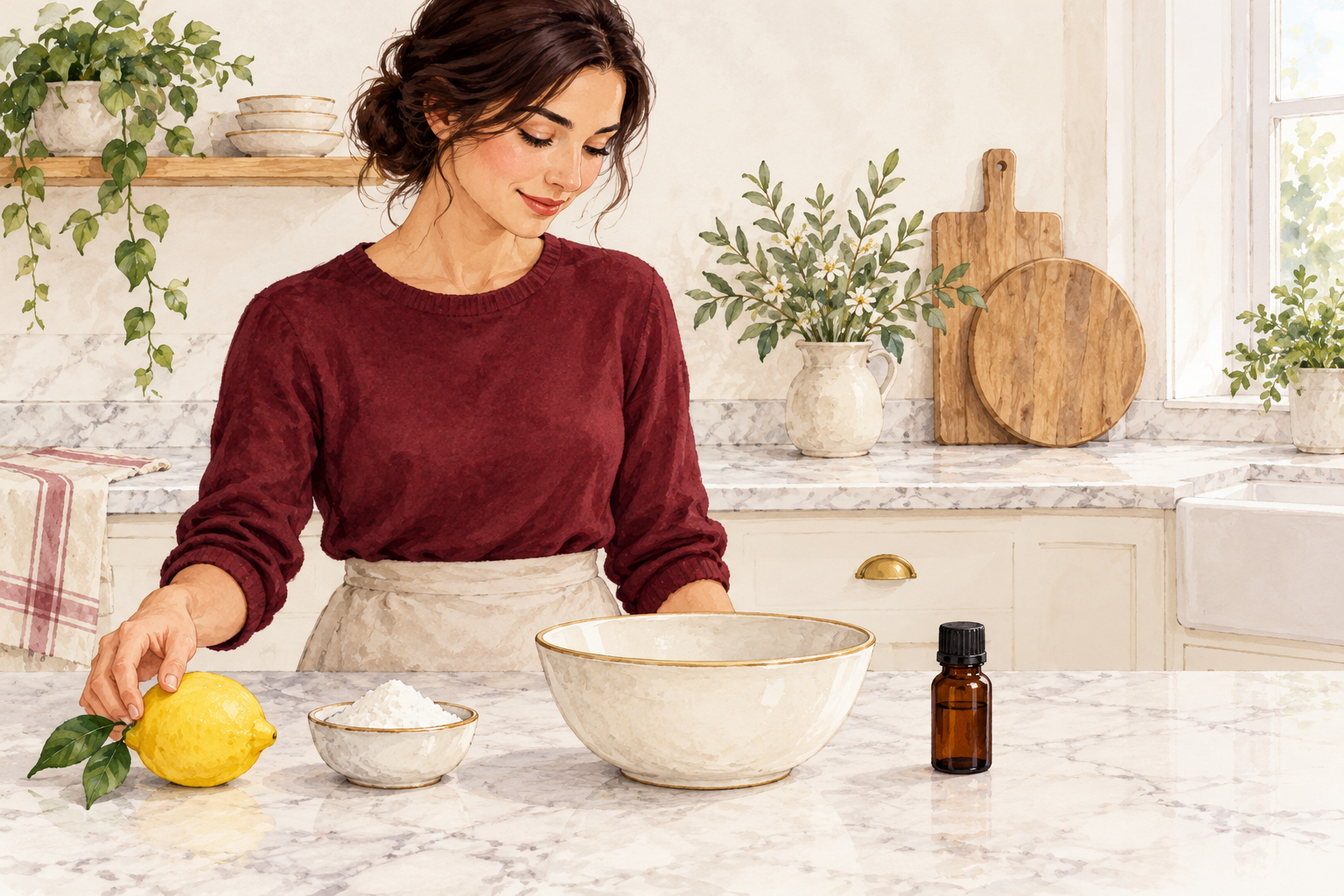 A lemon, bowl of baking soda and small amber oil bottle sit apart from an empty mixing bowl.