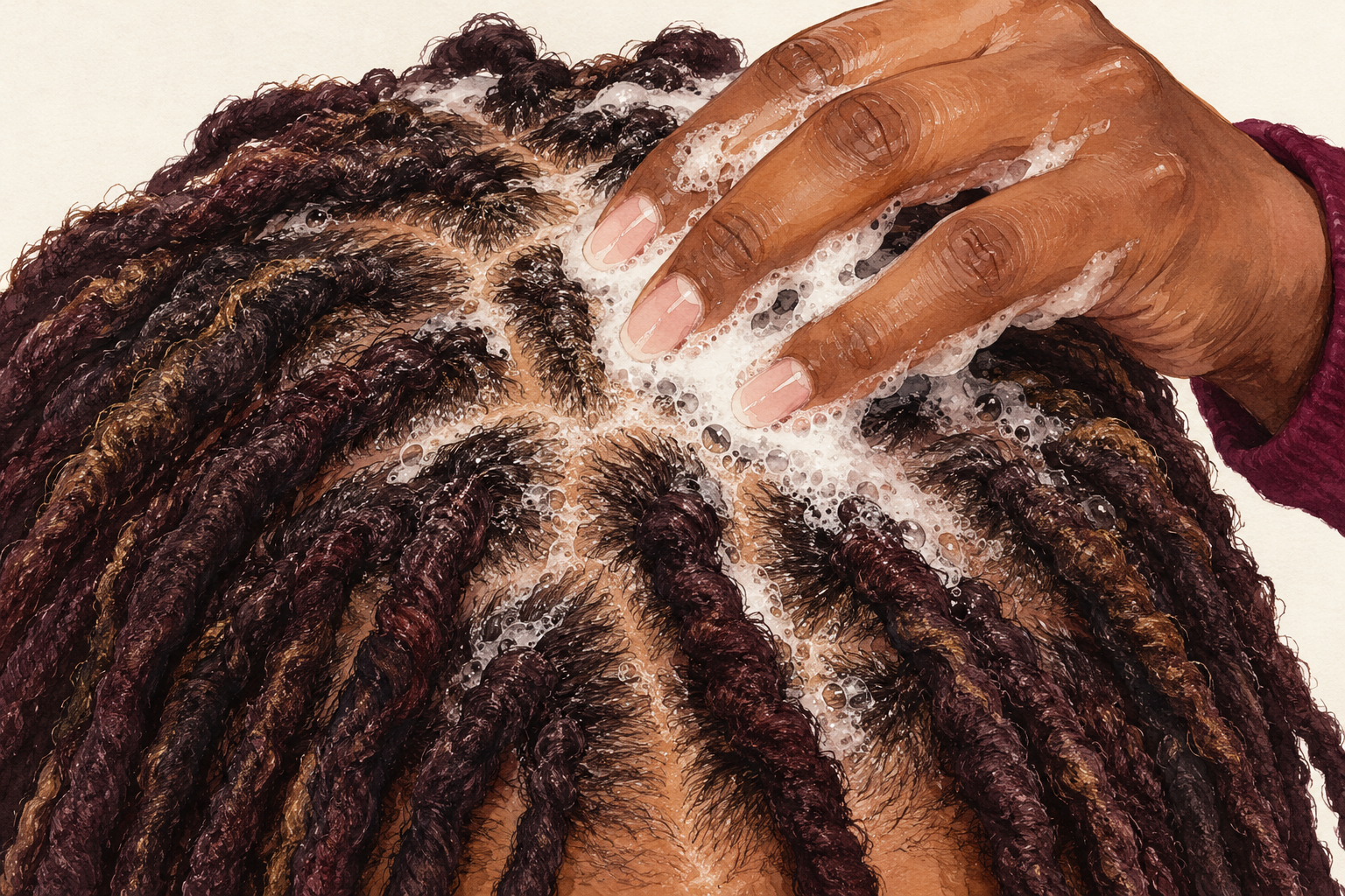 Fingertips massage shampoo foam along a parting between locs.