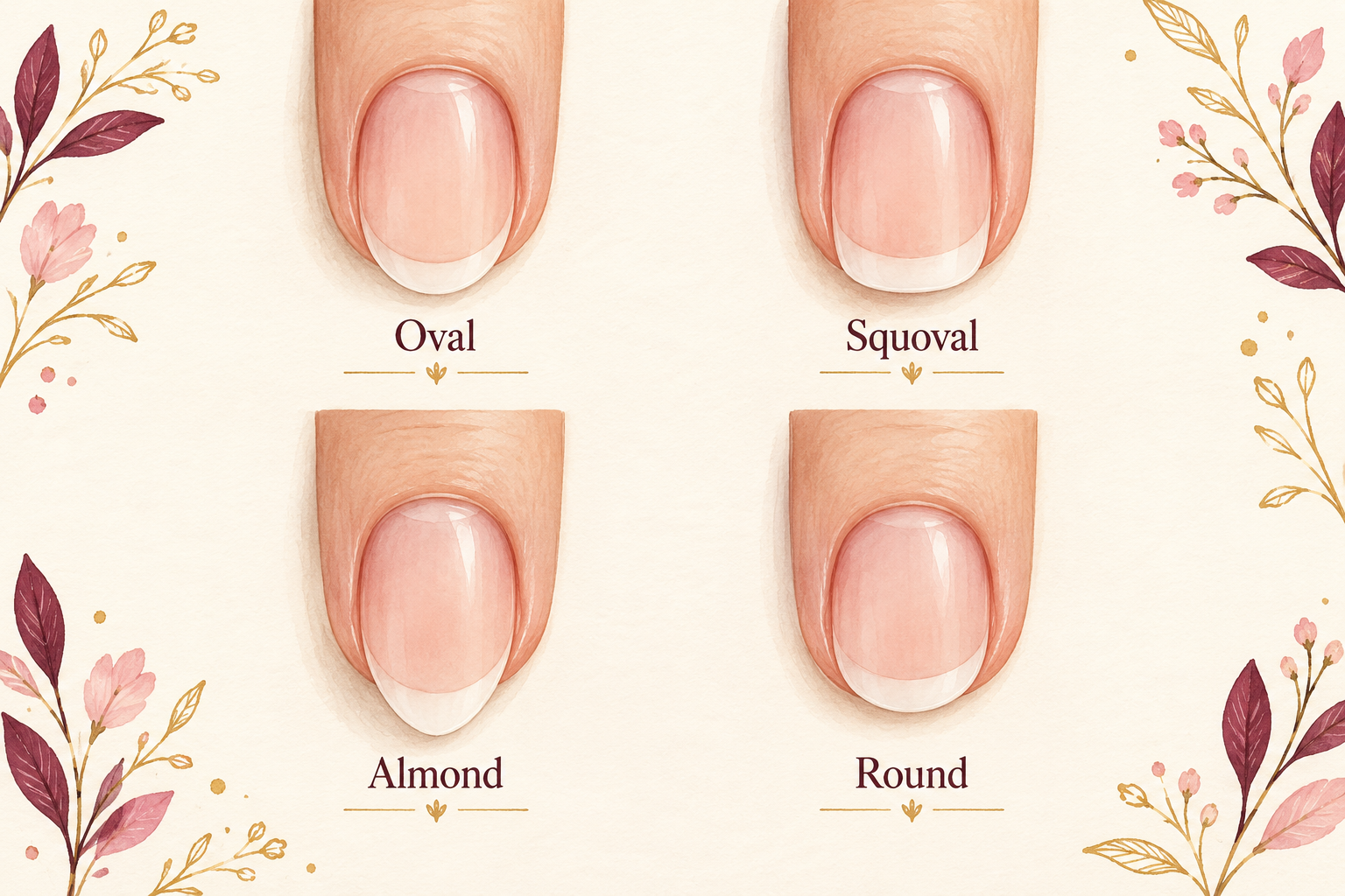Four short natural nail shapes are labeled Oval, Squoval, Almond and Round, with a gentle non-pointed almond tip.