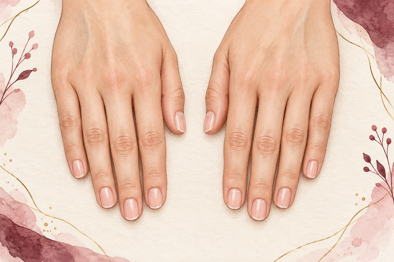 Two natural hands are held side by side with short bare nails in matching soft oval shapes for an evenness check.