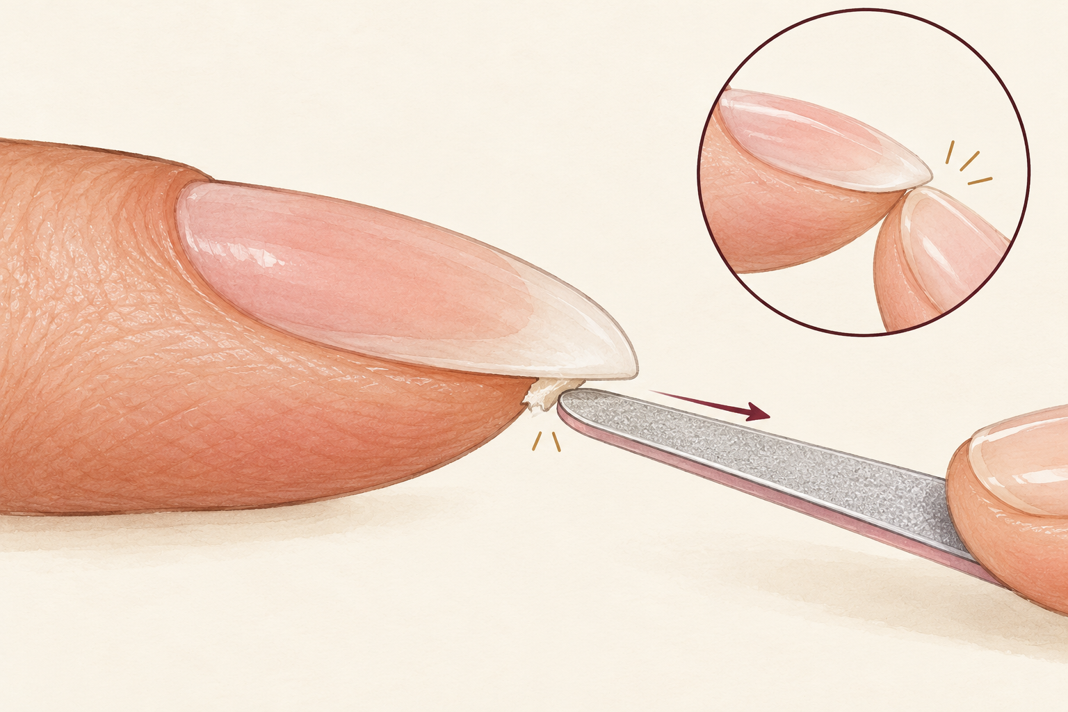 A fine file held almost flat beneath the nail removes a tiny burr from the free edge.