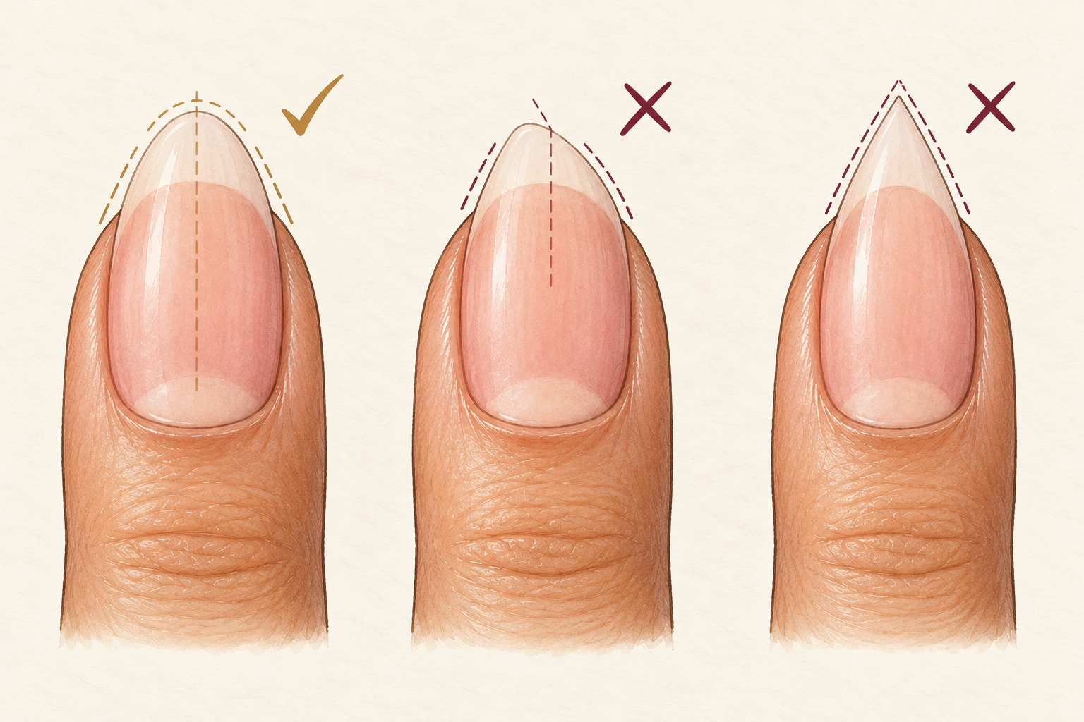 A balanced soft almond nail is shown beside crooked and overly pointed shapes to make the differences easy to spot.
