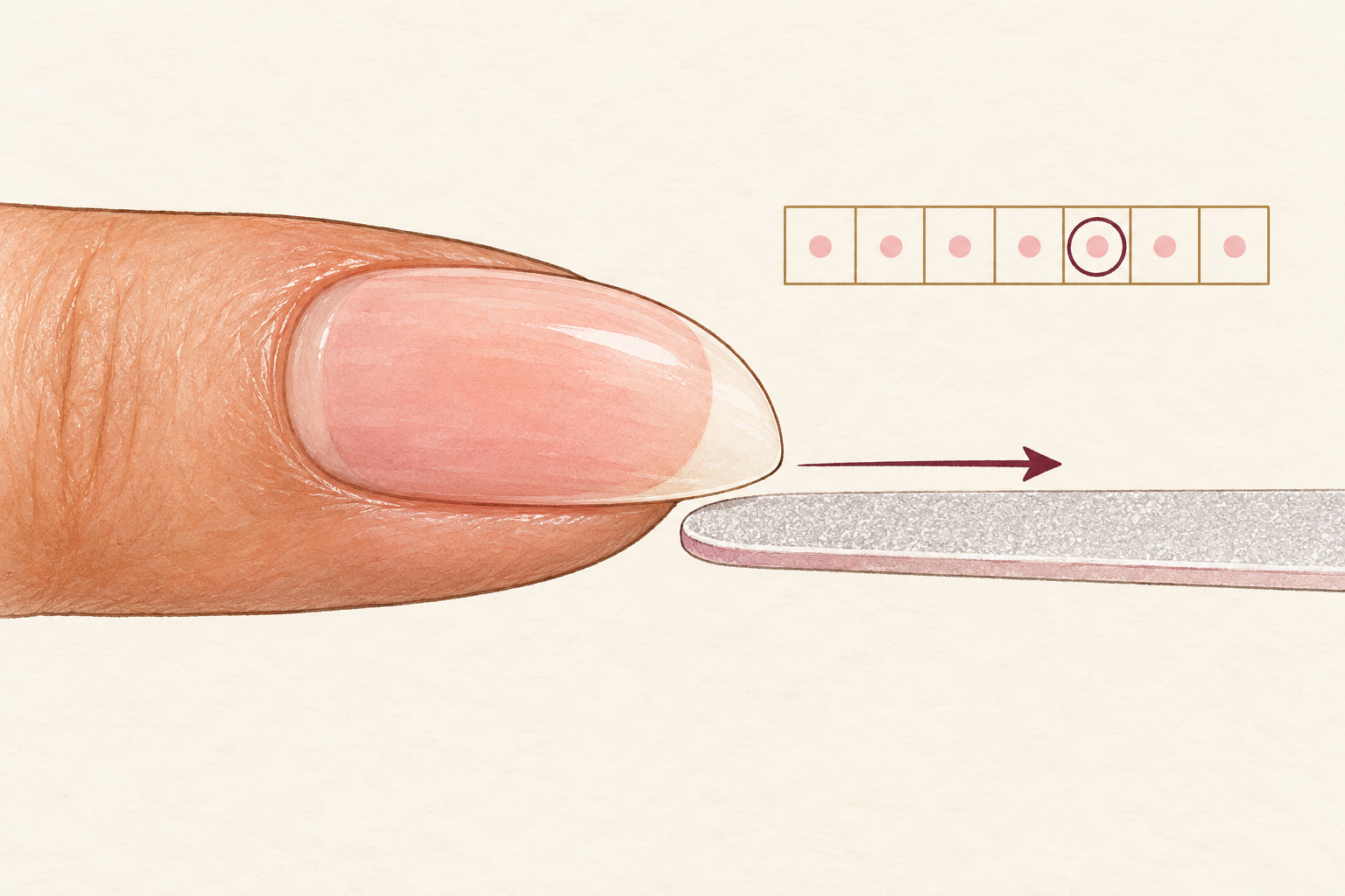 A fine file makes a gentle horizontal touch-up beneath the white free edge beside a simple weekly calendar reminder.