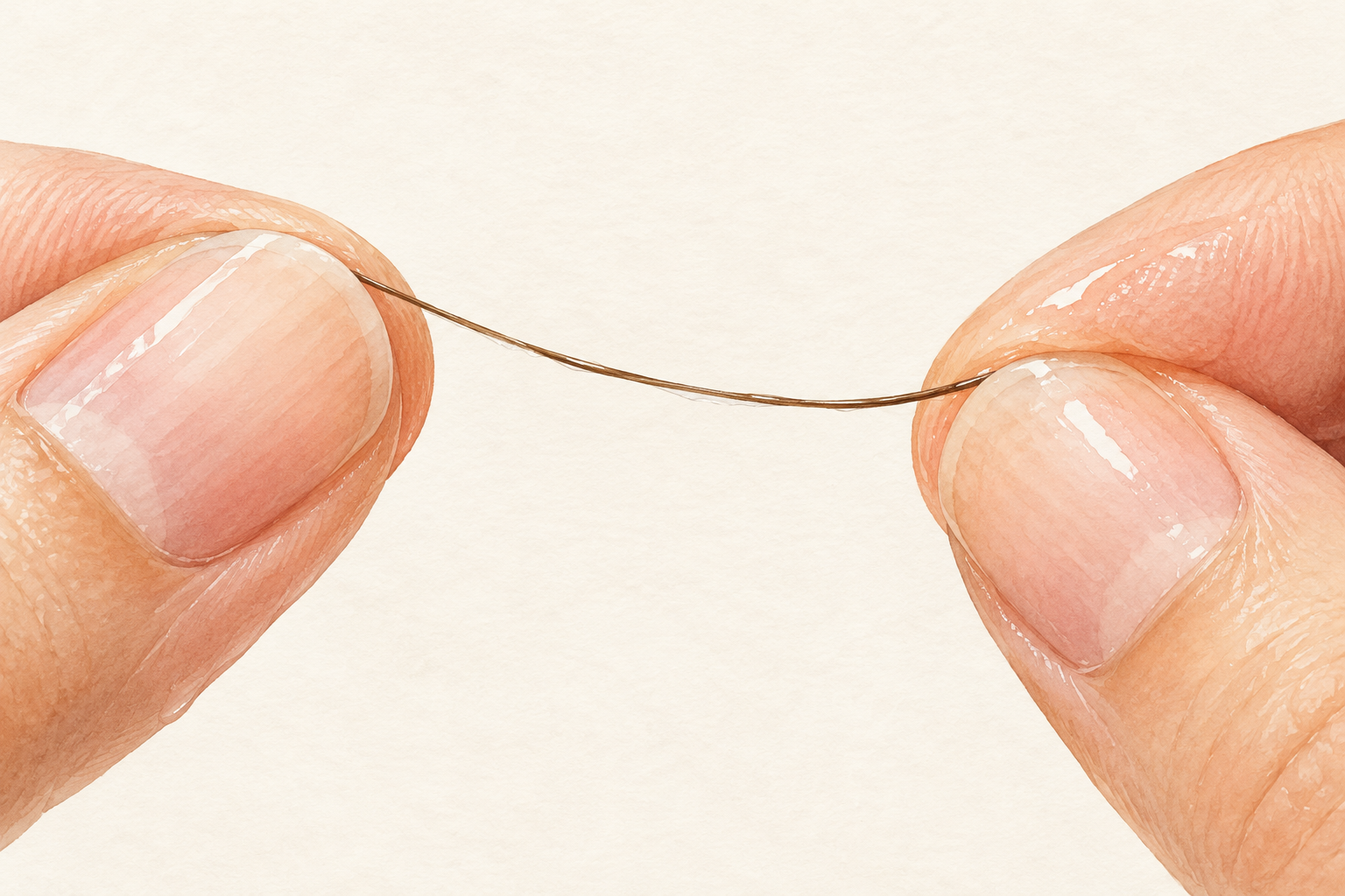 Two fingertip pads gently stretch one clean wet hair strand.