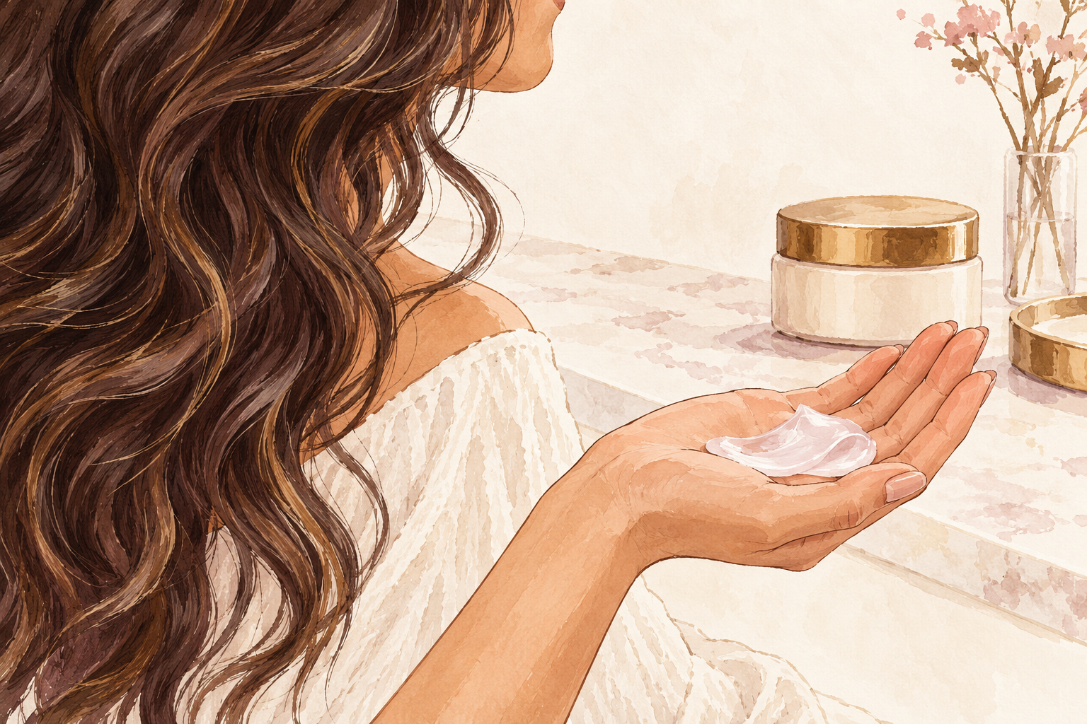 A pale hair-mask dollop rests on an open palm beside loose waves and an unlabelled jar.