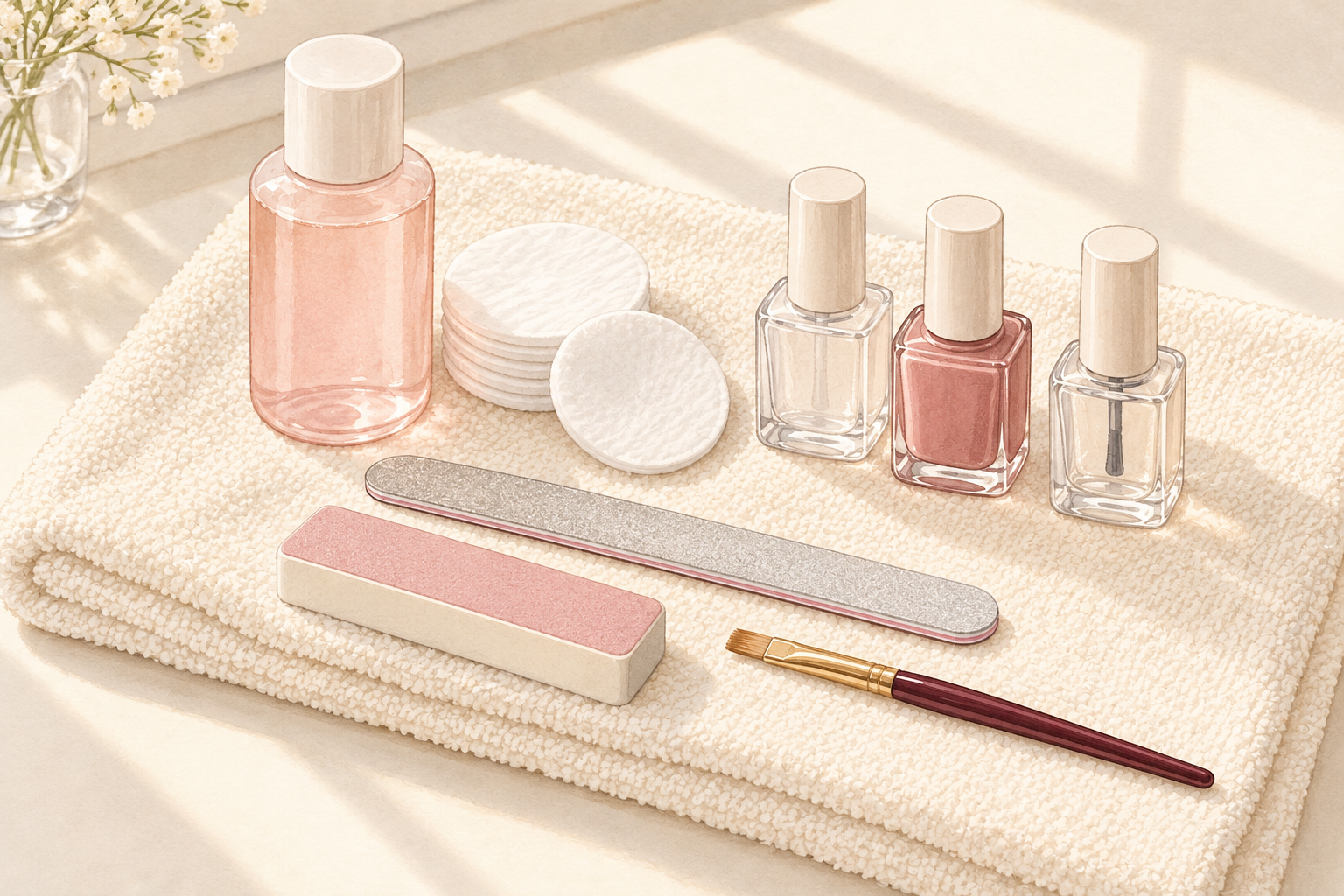 A home manicure kit of remover, cotton pads, file, buffer, base coat, rose polish, top coat and cleanup brush sits beside a bright window.
