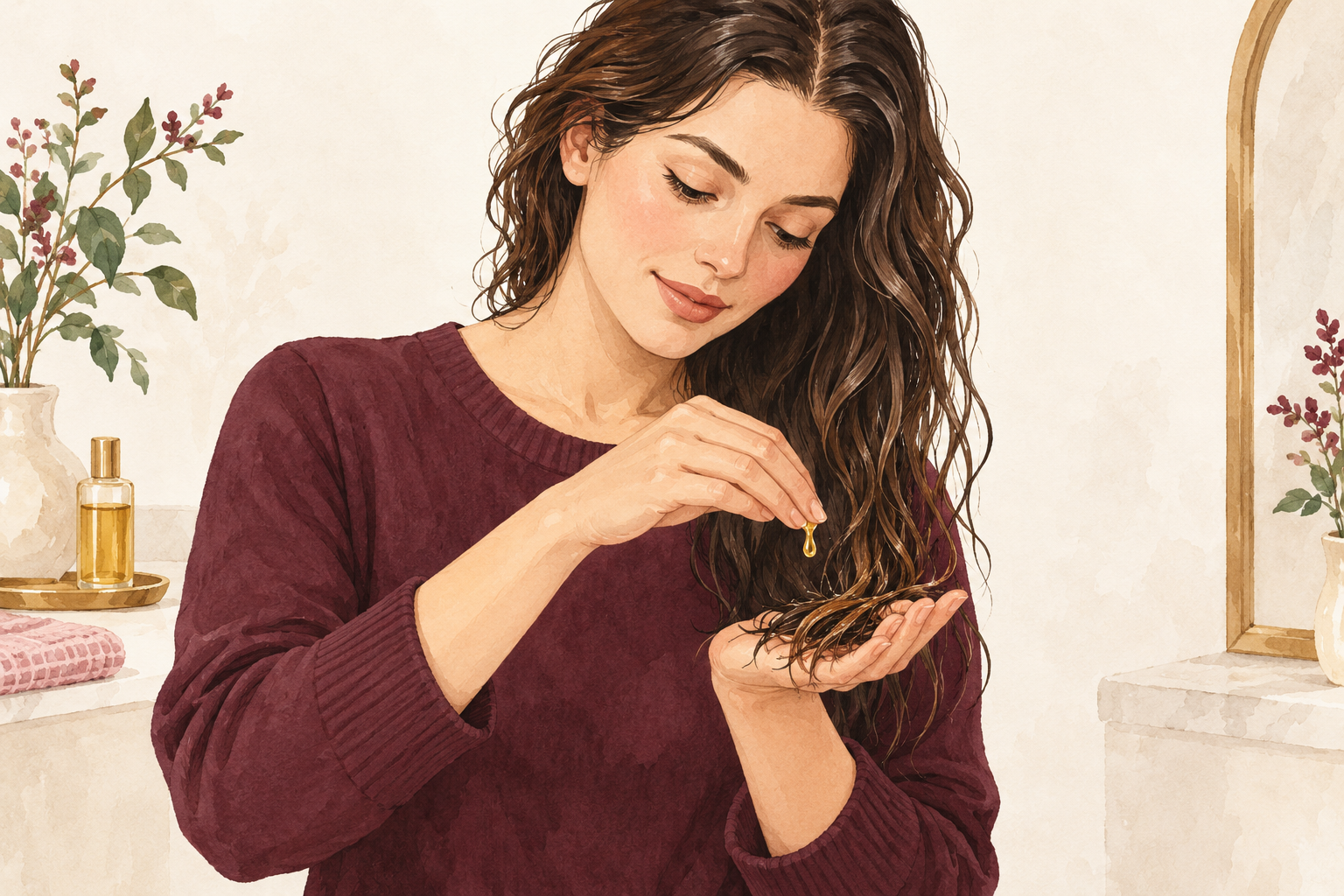 A woman supports damp S-wave ends while pressing a few drops of oil onto the tips.