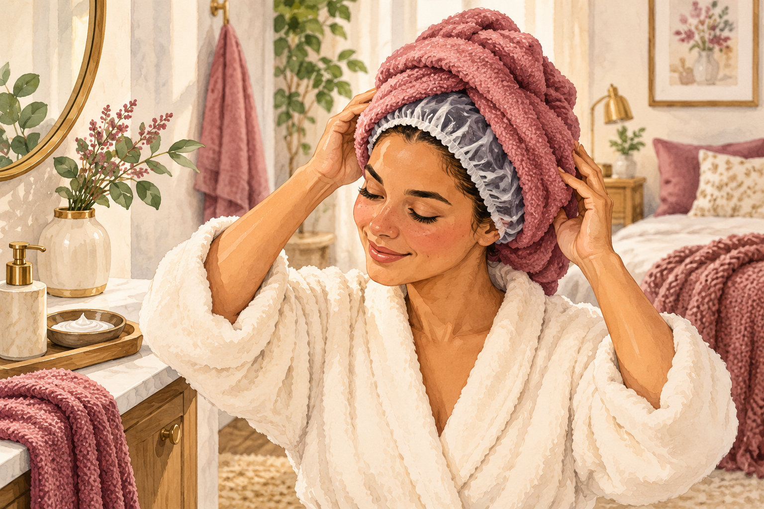 A woman loosely wraps a warm towel over the shower cap on her conditioned hair.