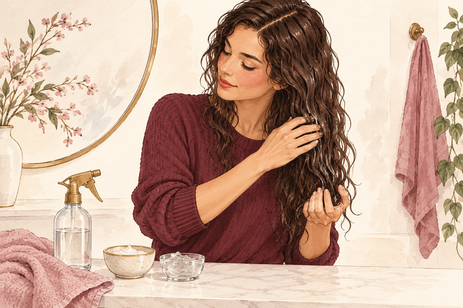A woman smooths cream through wet waves and scrunches in light gel, with a water spritzer nearby.