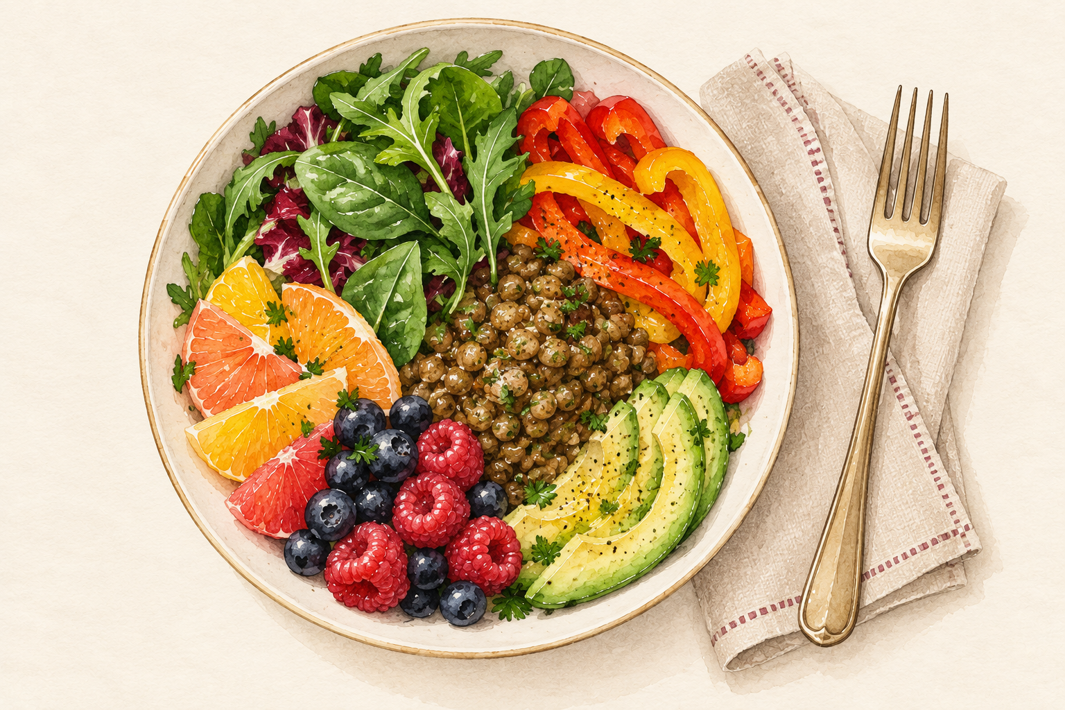 Leafy greens, lentils, berries, citrus and peppers fill a balanced plate.